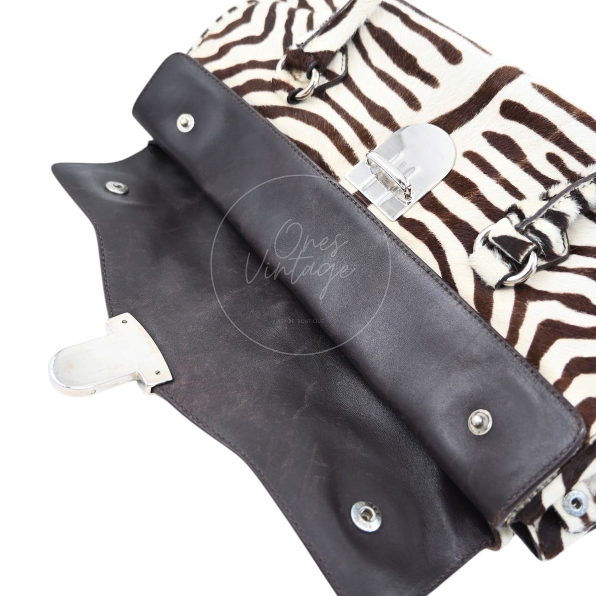 Prada Cavallino Zebra Print Easy Bag Calf Hair SWH Brown and White