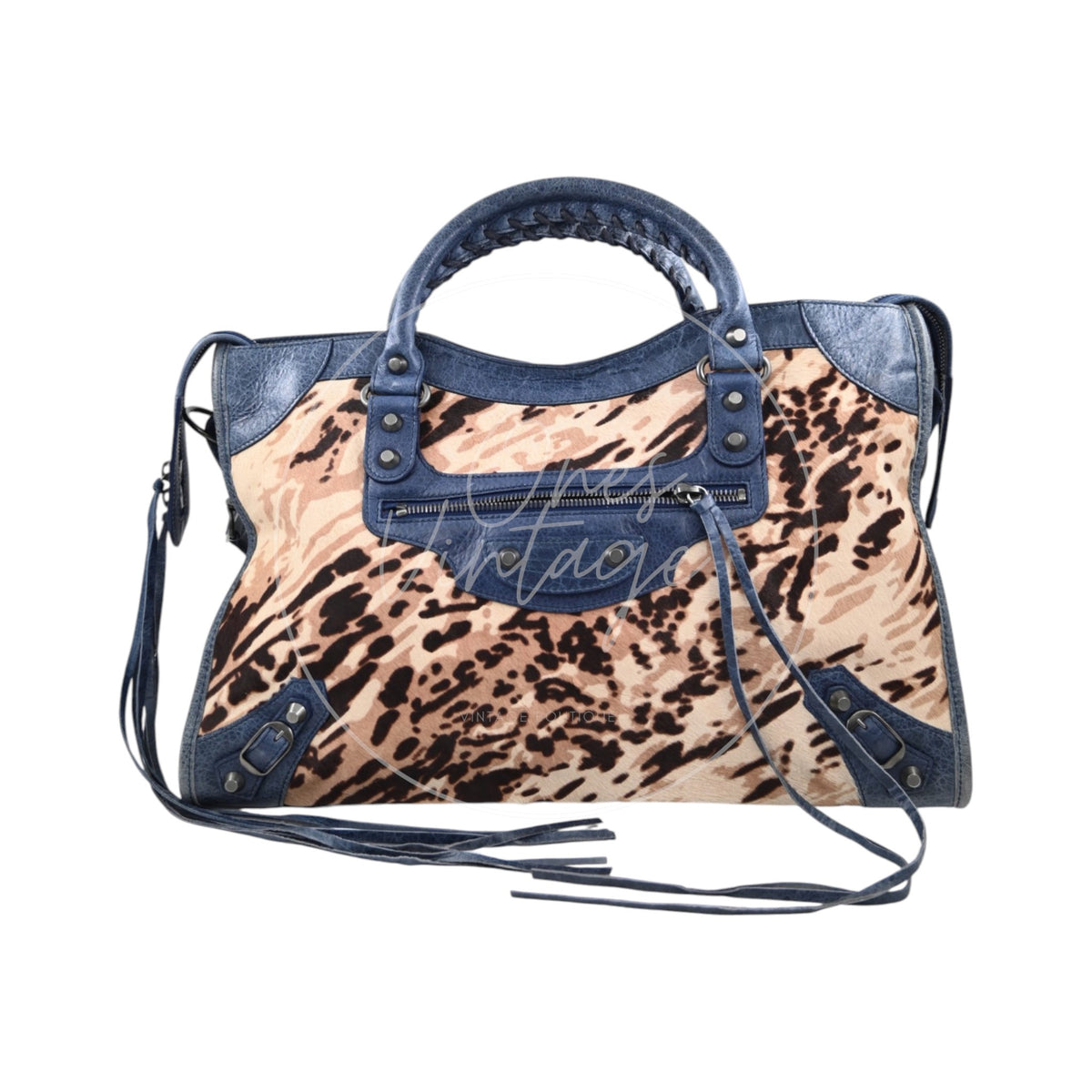 Balenciaga Pony Hair Agneau Leopard Printed 38cm City PHW Bleu Roi