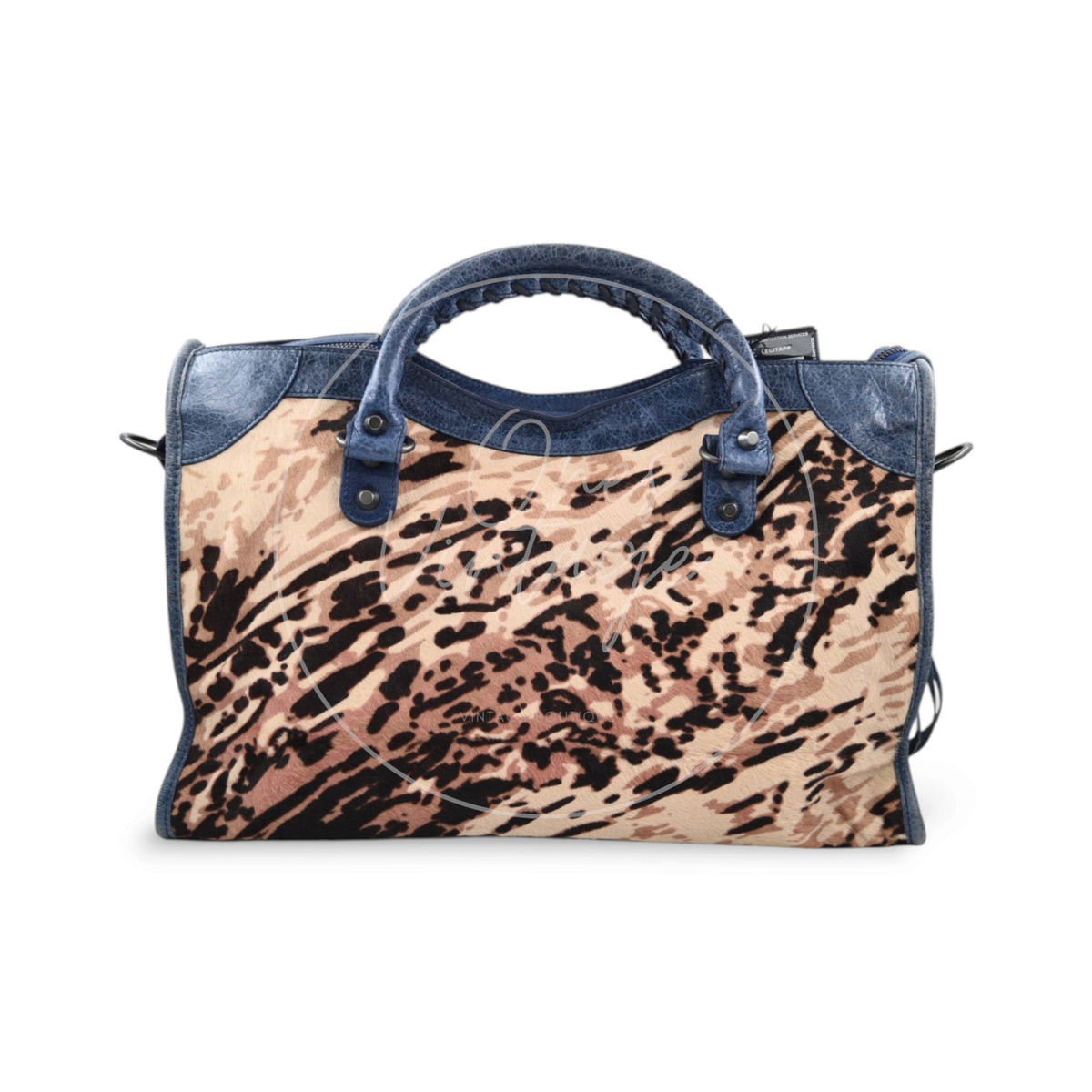 Balenciaga Pony Hair Agneau Leopard Printed 38cm City PHW Bleu Roi