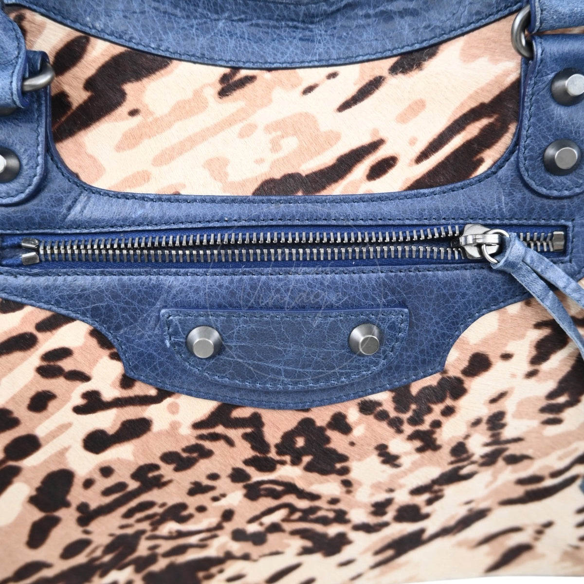 Balenciaga Pony Hair Agneau Leopard Printed 38cm City PHW Bleu Roi
