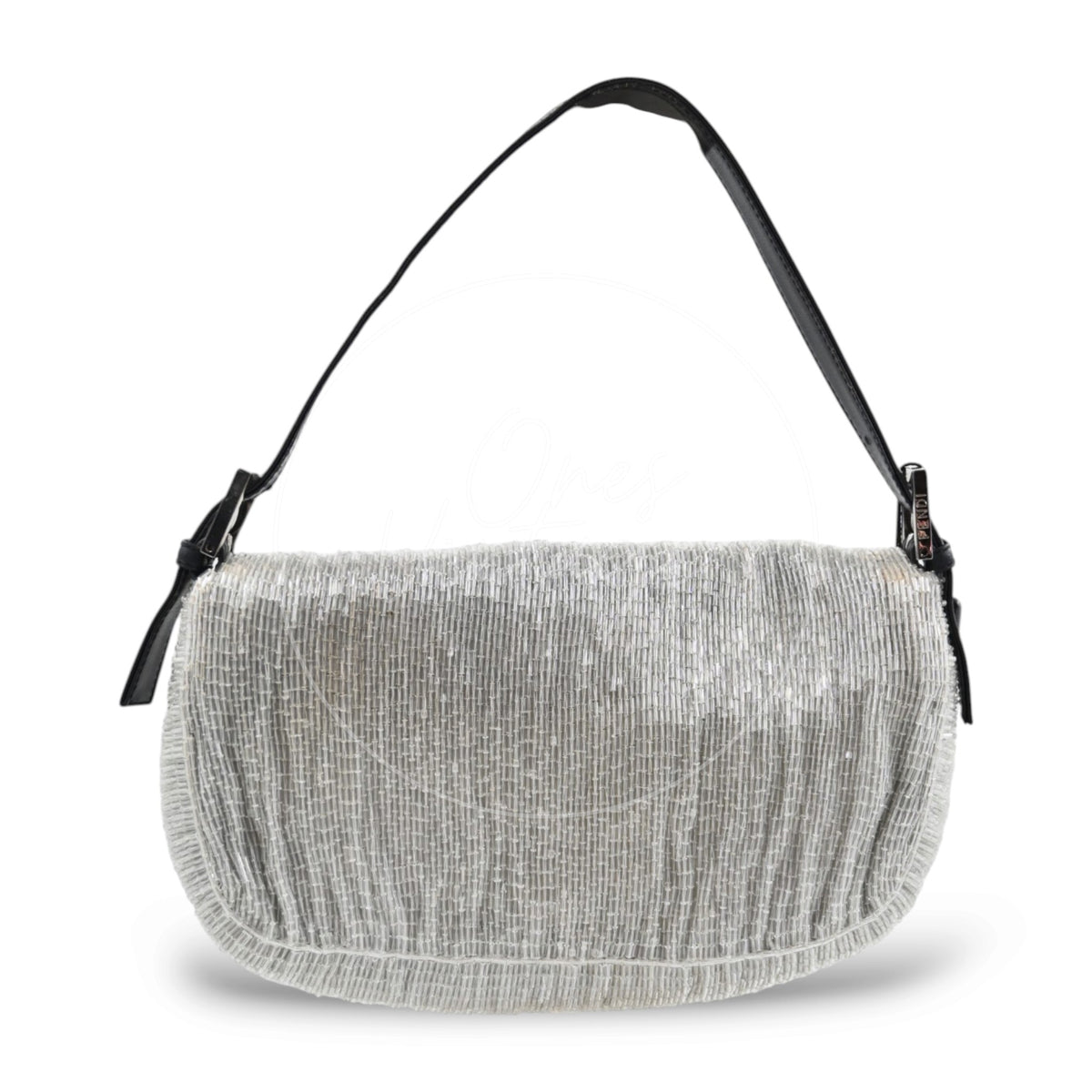 Fendi Floral Sequin Beaded Shoulder Baguette Bag SHW Sliver