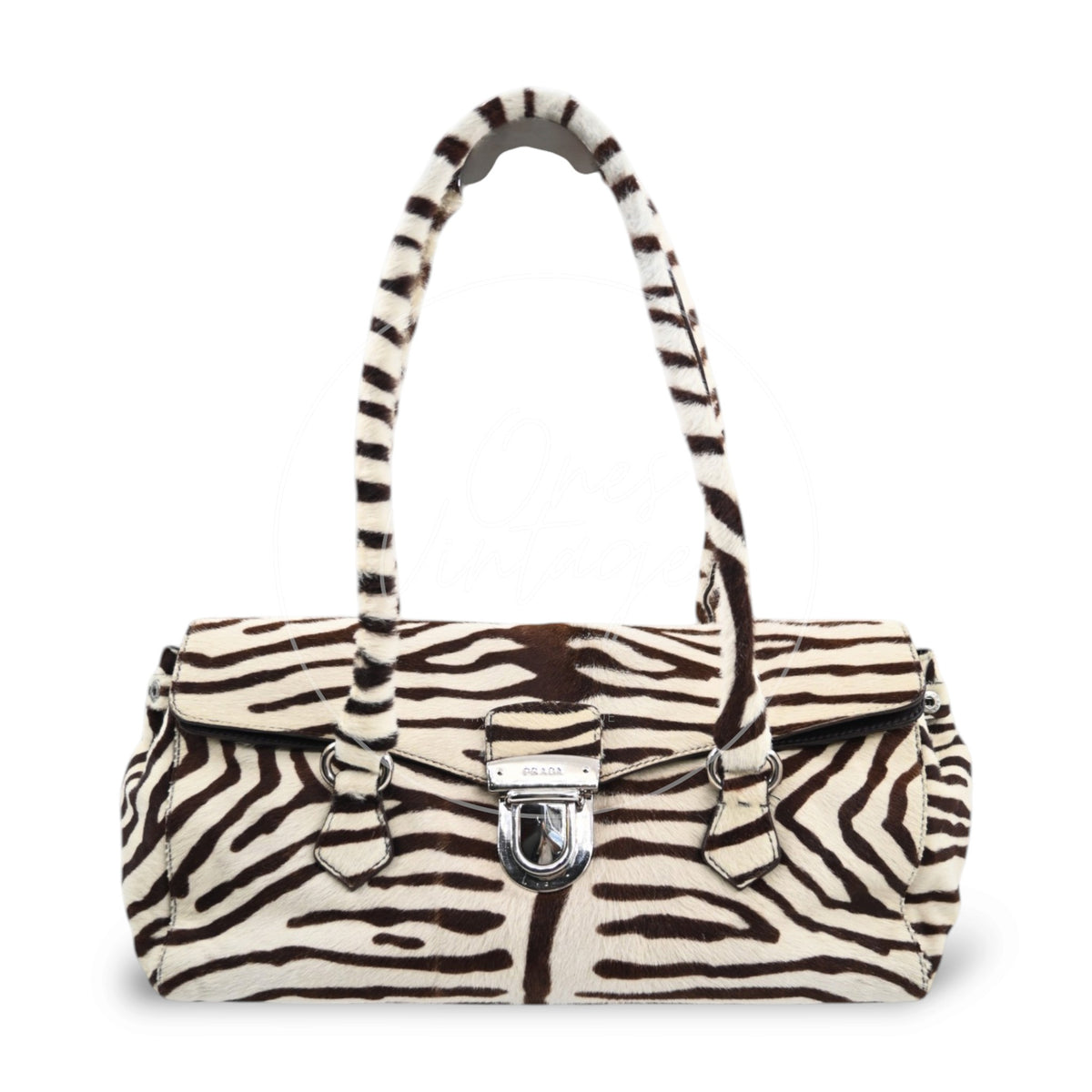 Prada Cavallino Zebra Print Easy Bag Calf Hair SWH Brown and White