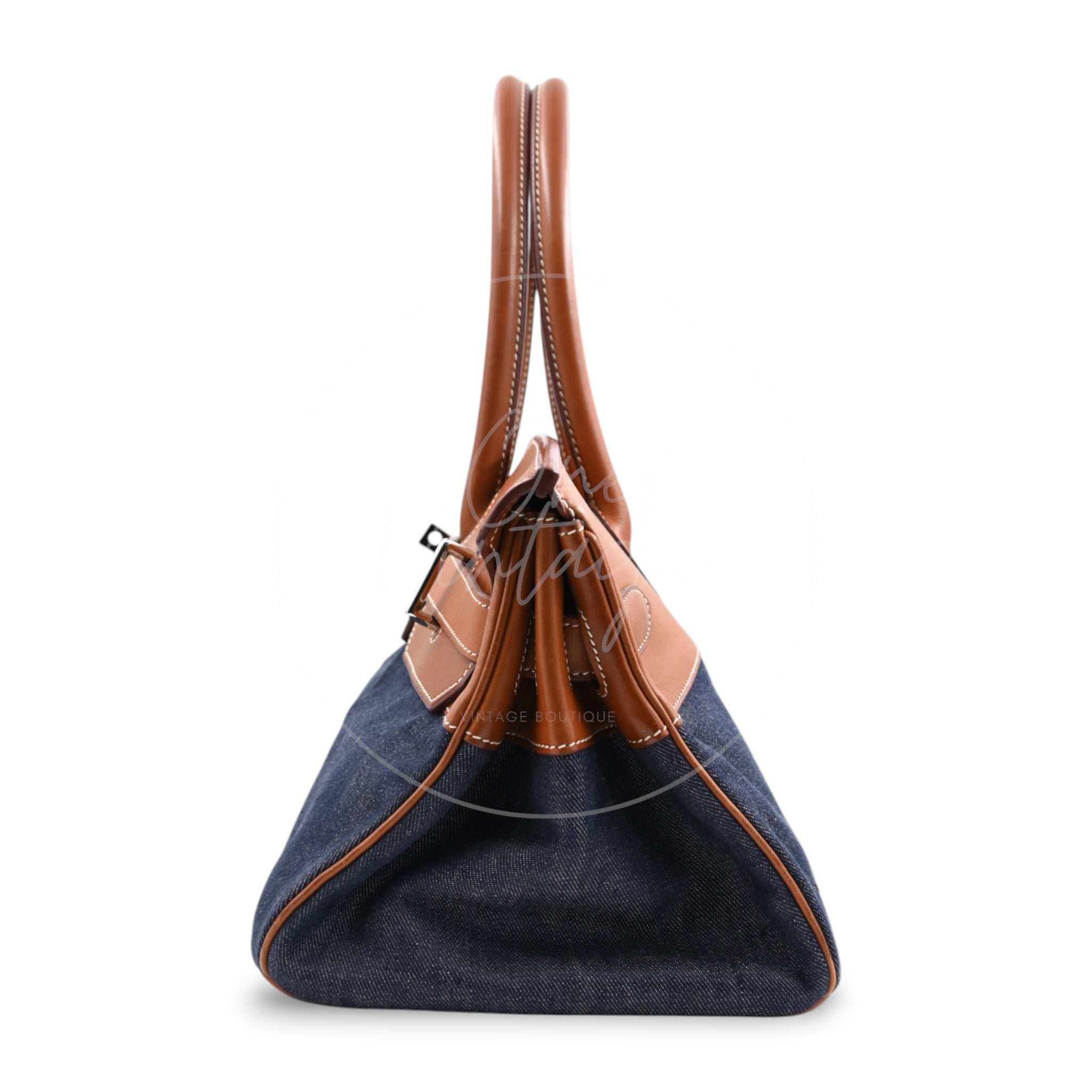 Hermes Birkin Shoulder Denim x Barenia PHW Denim Blue & Brown Square I