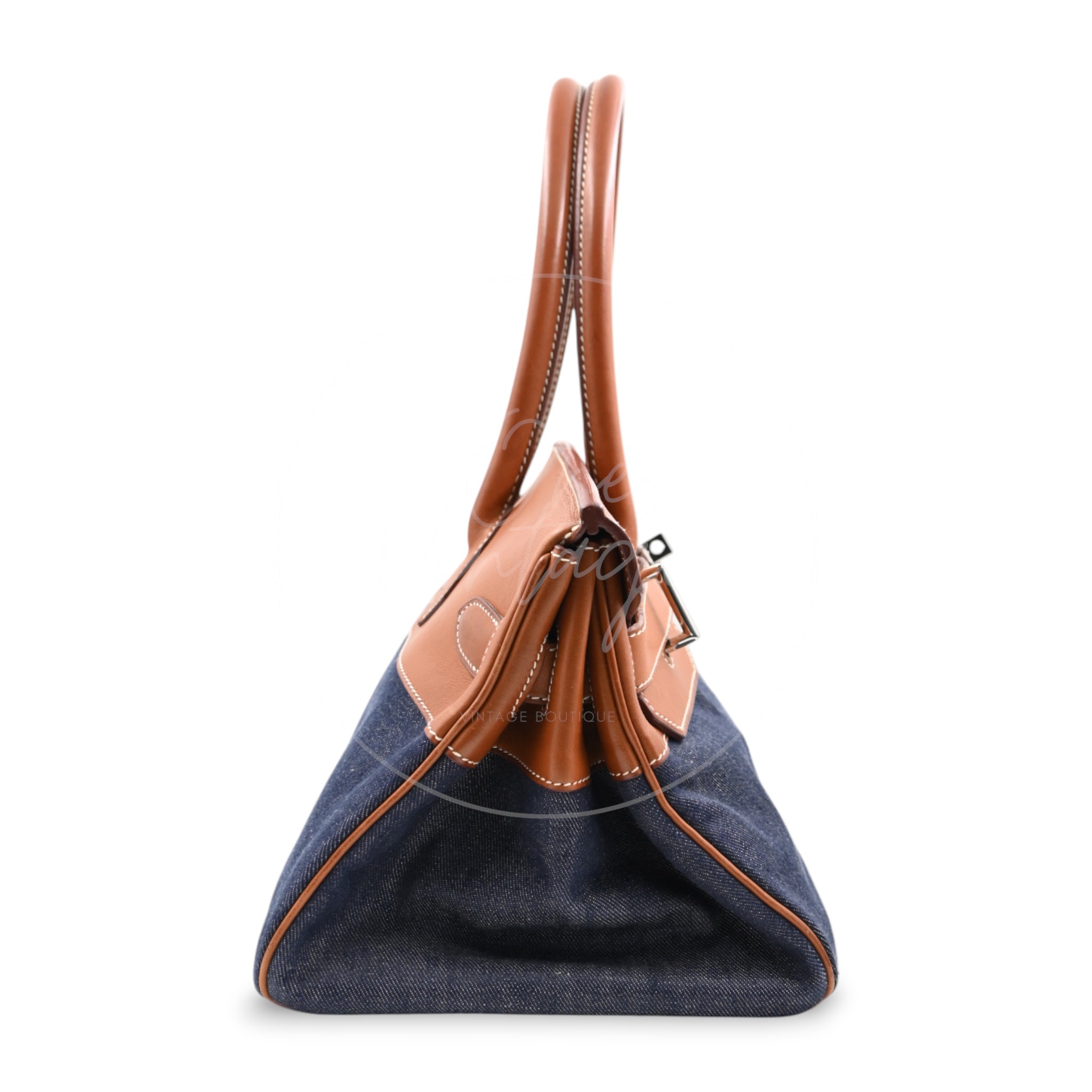 Hermes Birkin Shoulder Denim x Barenia PHW Denim Blue & Brown Square I