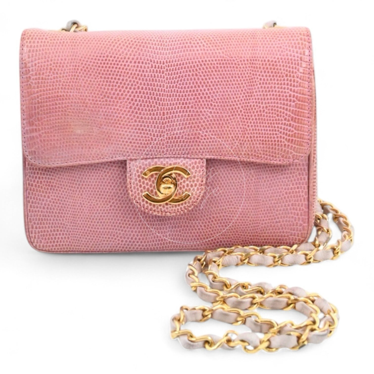 Chanel Mini Square Single Chain Single Flap Lizard Bag GHW Pink Series 1