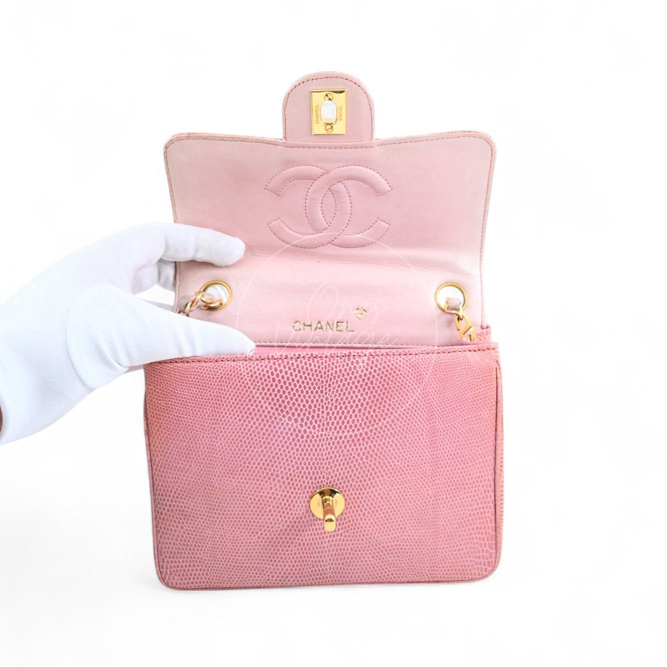 Chanel Mini Square Single Chain Single Flap Lizard Bag GHW Pink Series 1
