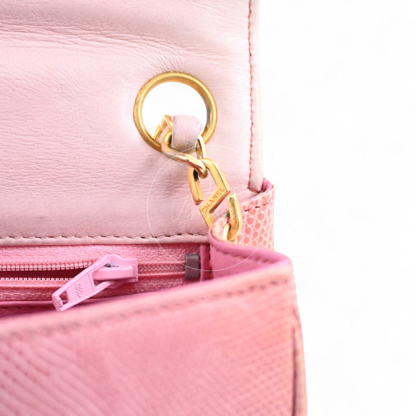 Chanel Mini Square Single Chain Single Flap Lizard Bag GHW Pink Series 1