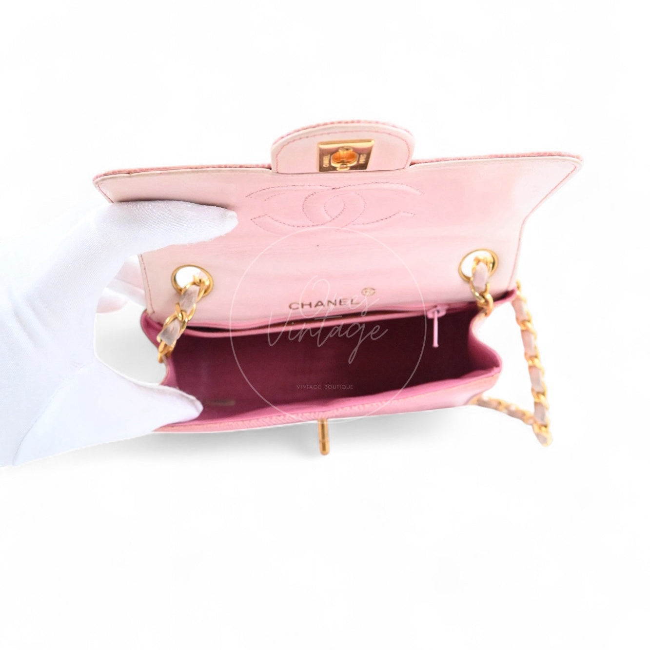 Chanel Mini Square Single Chain Single Flap Lizard Bag GHW Pink Series 1