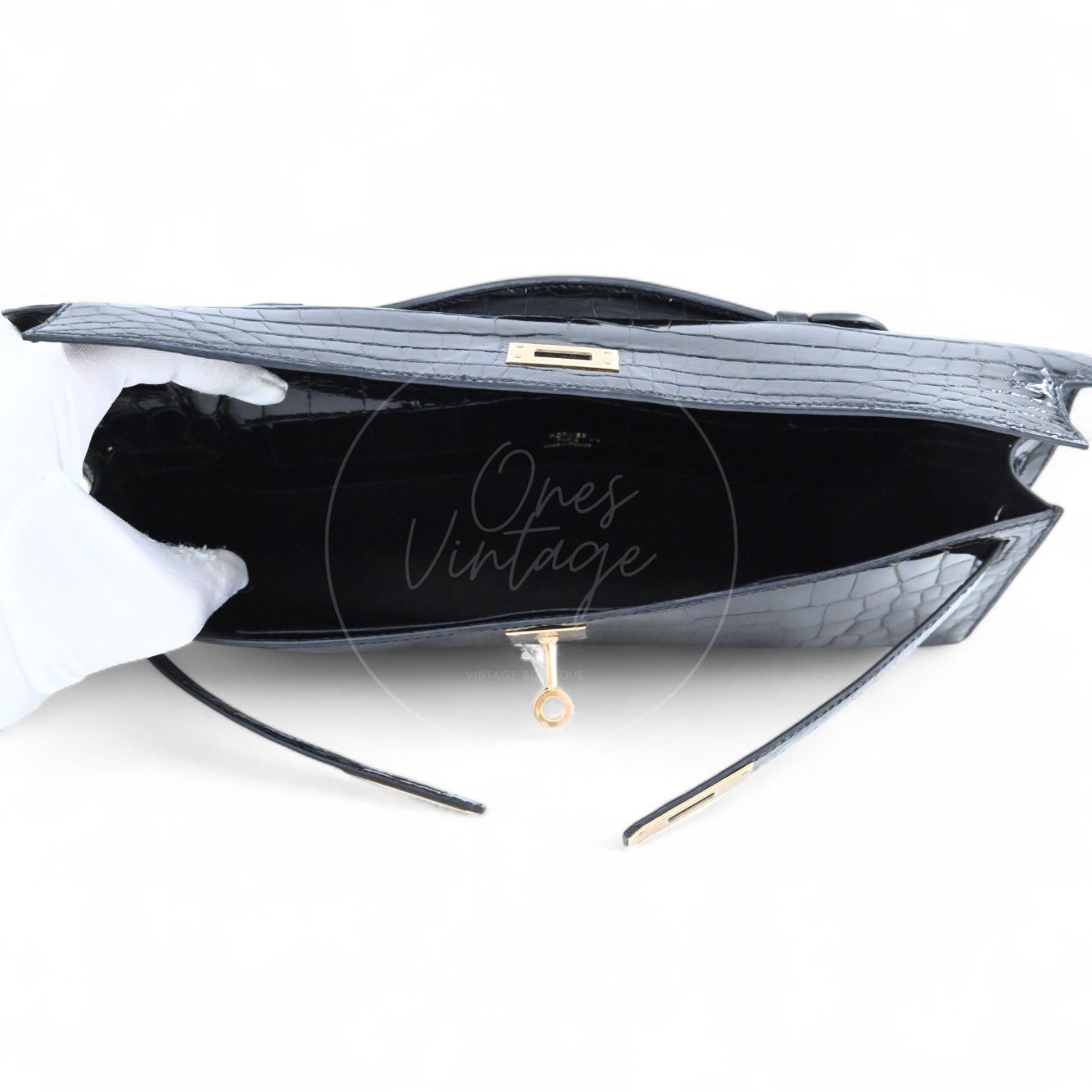 Hermes Kelly Cut Shiny-Croco GHW Black Square R