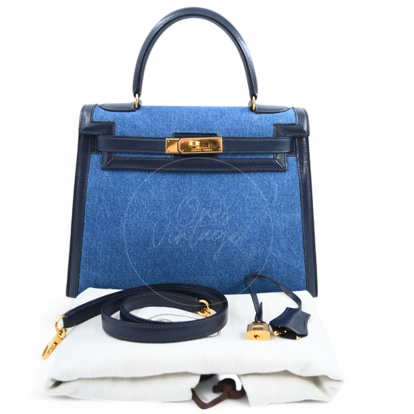Hermes Kelly 28 Box Denim Jean GHW Navy Circle U