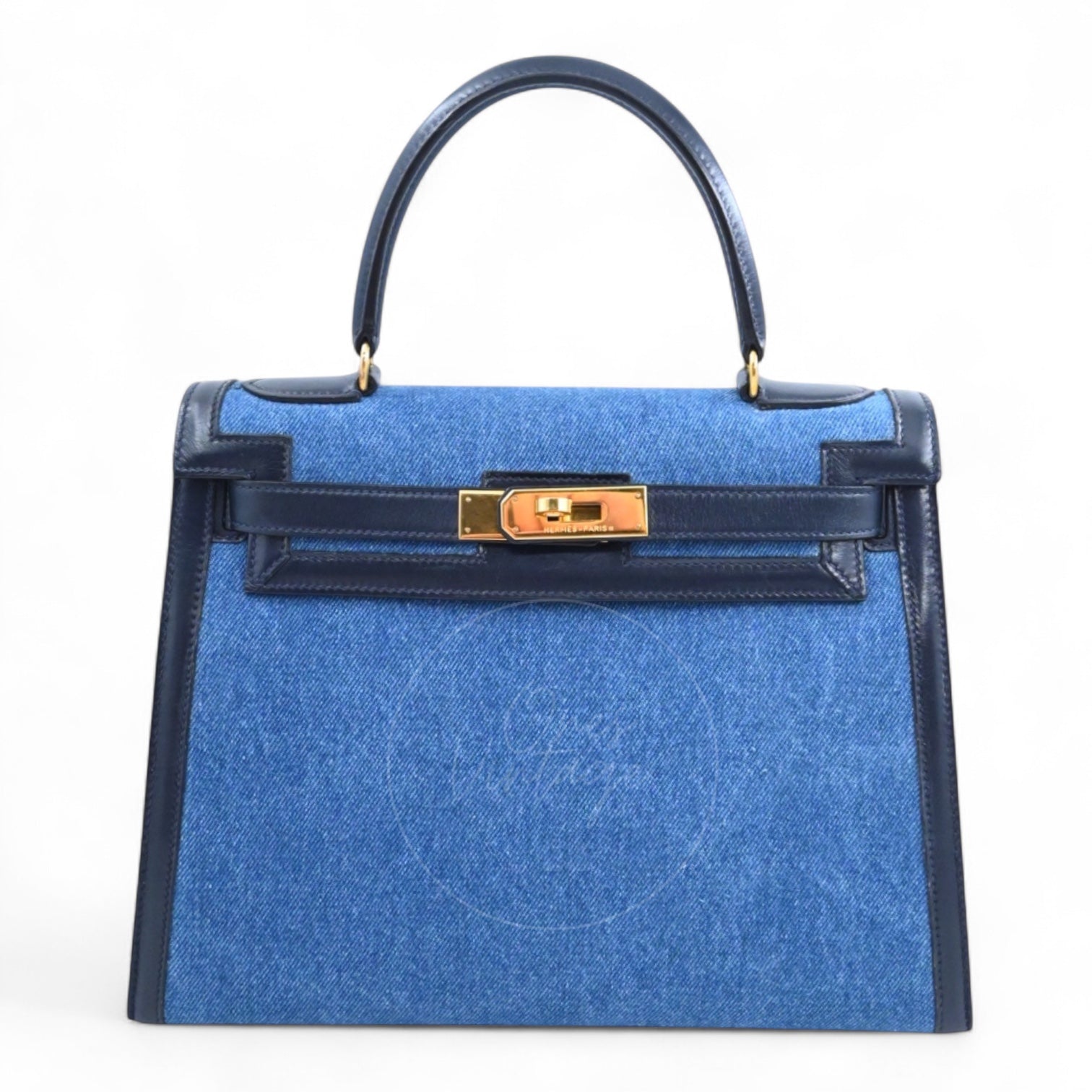 Pre-owned] Hermes Kelly 28 Navy Box Denim Jean GHW Stamp Circle U