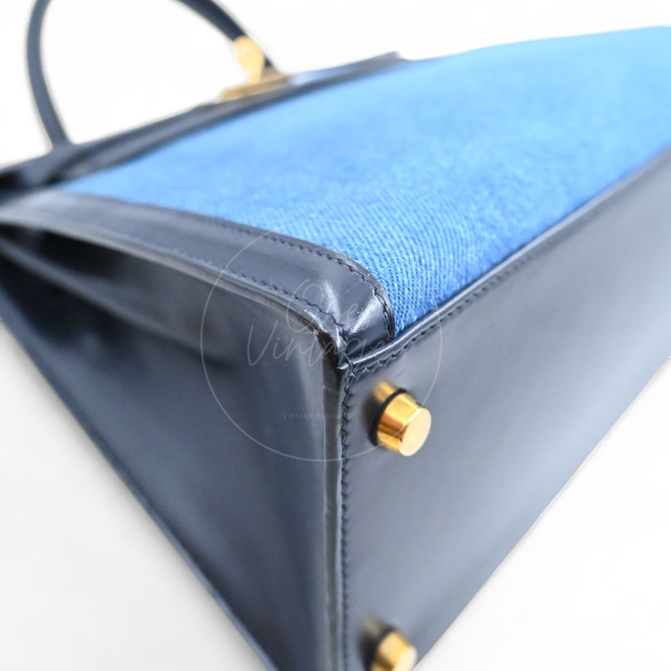 Hermes Kelly 28 Box Denim Jean GHW Navy Circle U