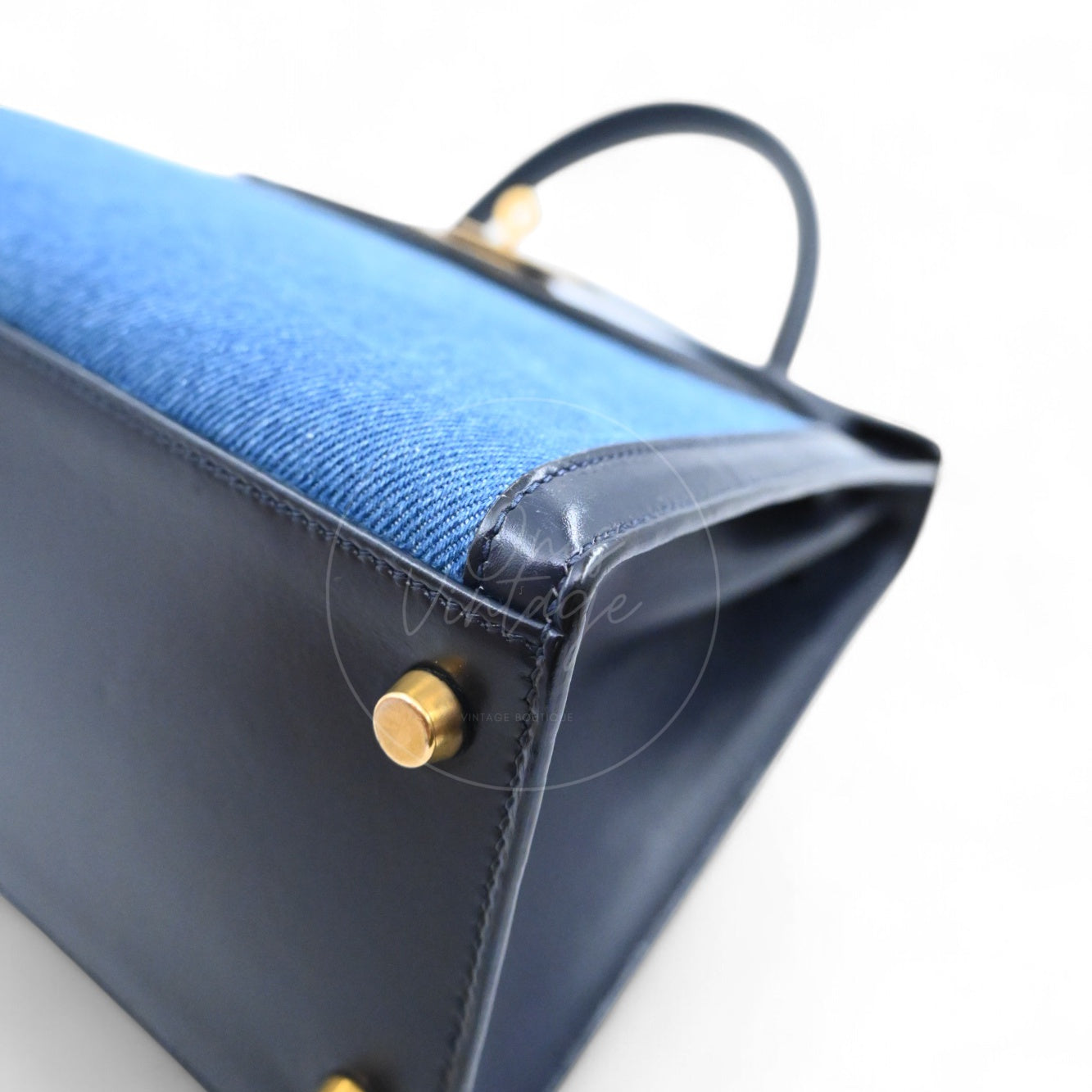 Hermes Kelly 28 Box Denim Jean GHW Navy Circle U