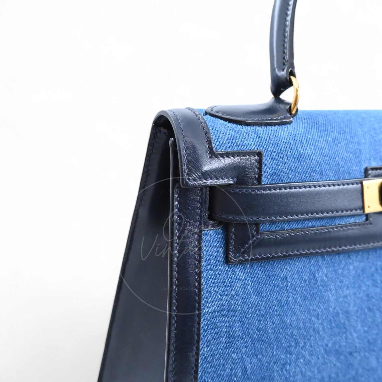Hermes Kelly 28 Box Denim Jean GHW Navy Circle U