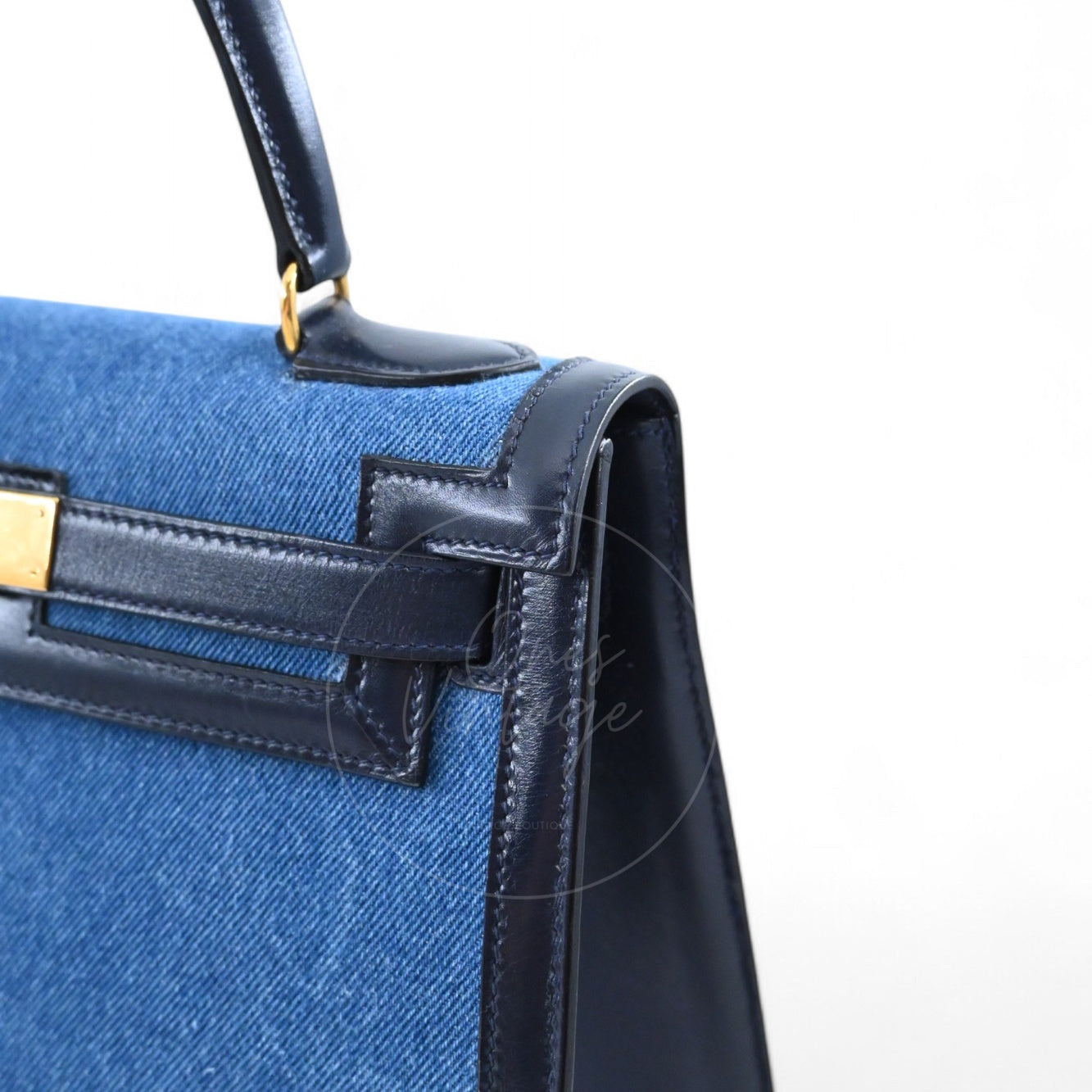 Hermes Kelly 28 Box Denim Jean GHW Navy Circle U