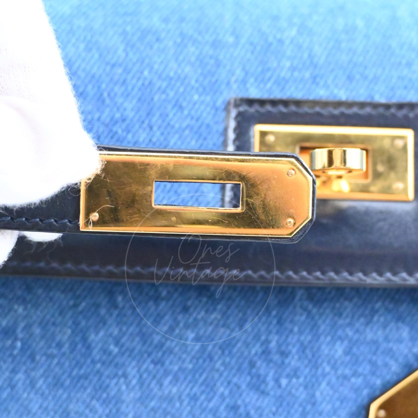 Hermes Kelly 28 Box Denim Jean GHW Navy Circle U