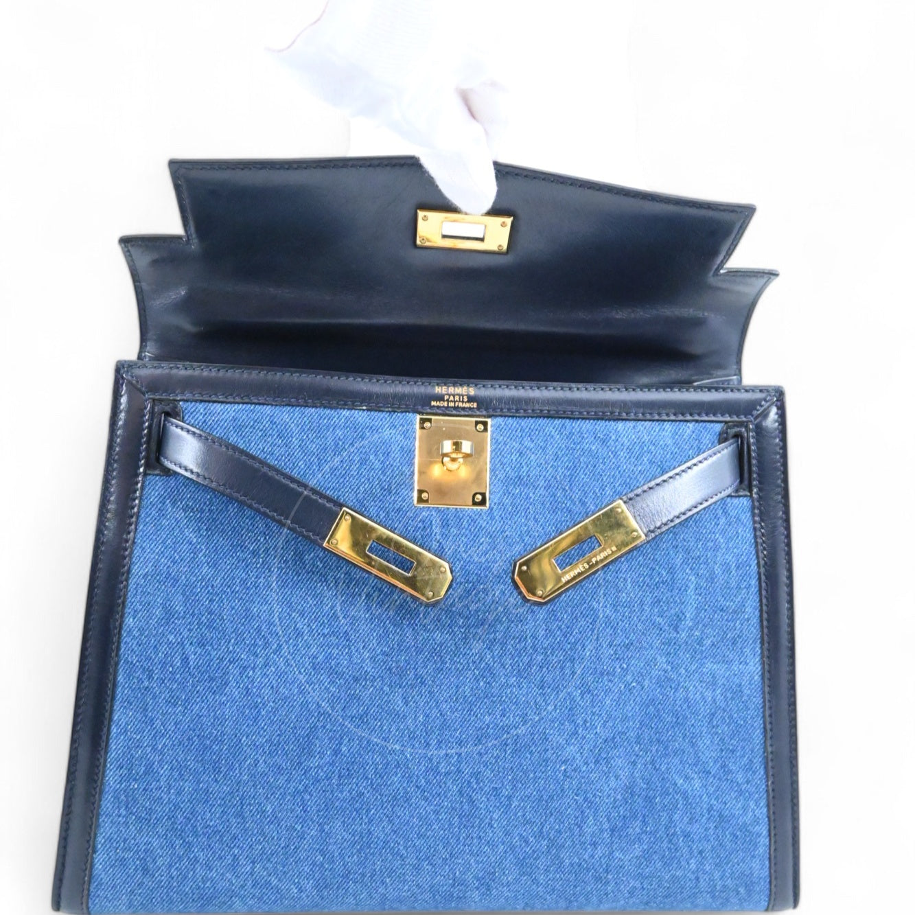Hermes Kelly 28 Box Denim Jean GHW Navy Circle U