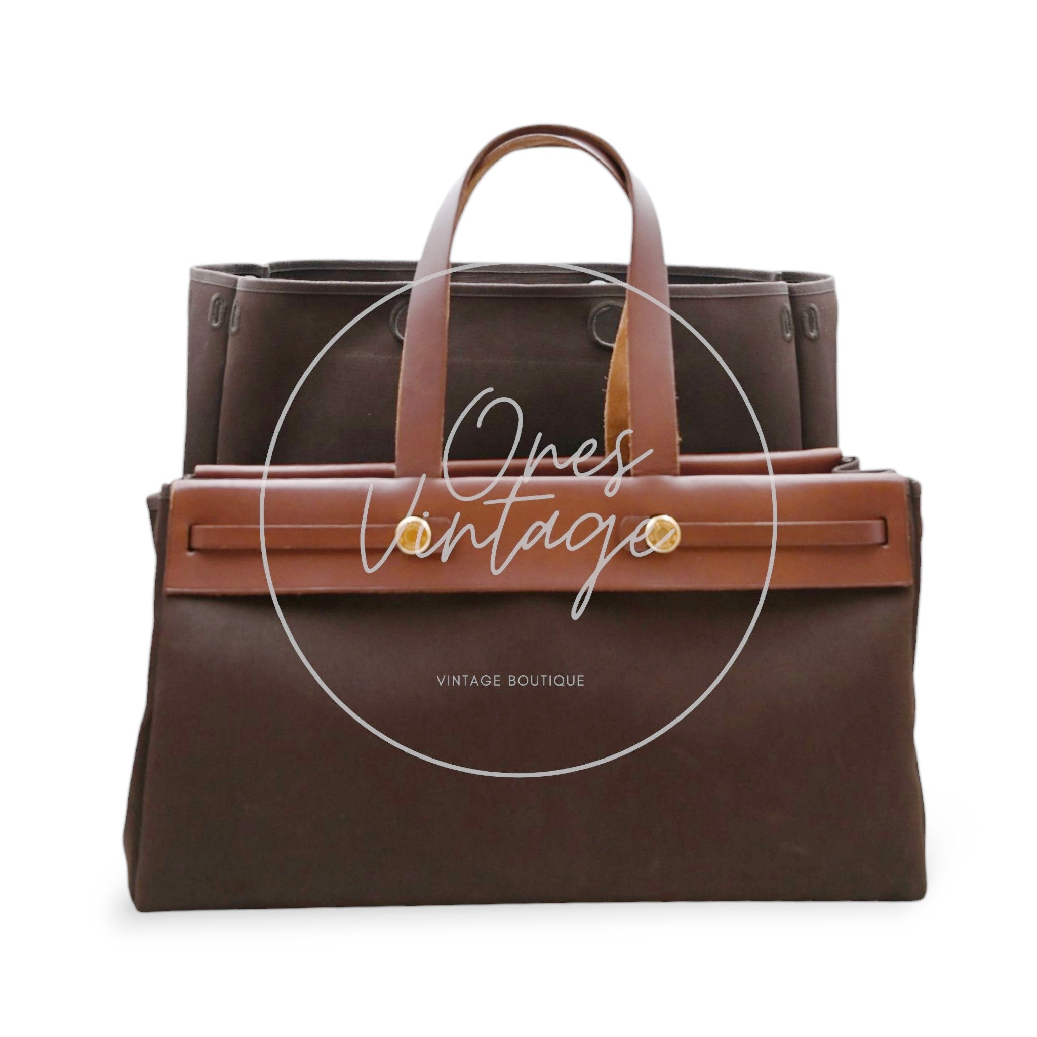 Hermes Herbag Cabas GM Swift Canvas GHW BROWN Square F