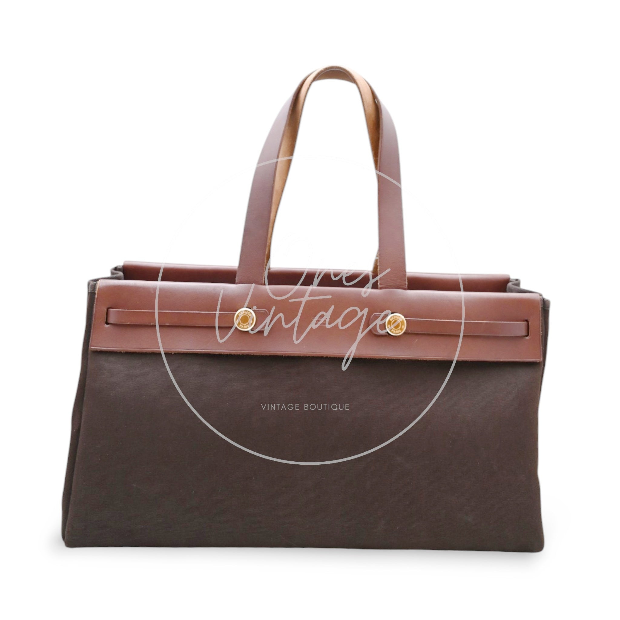 Hermes Herbag Cabas GM Swift Canvas GHW BROWN Square F