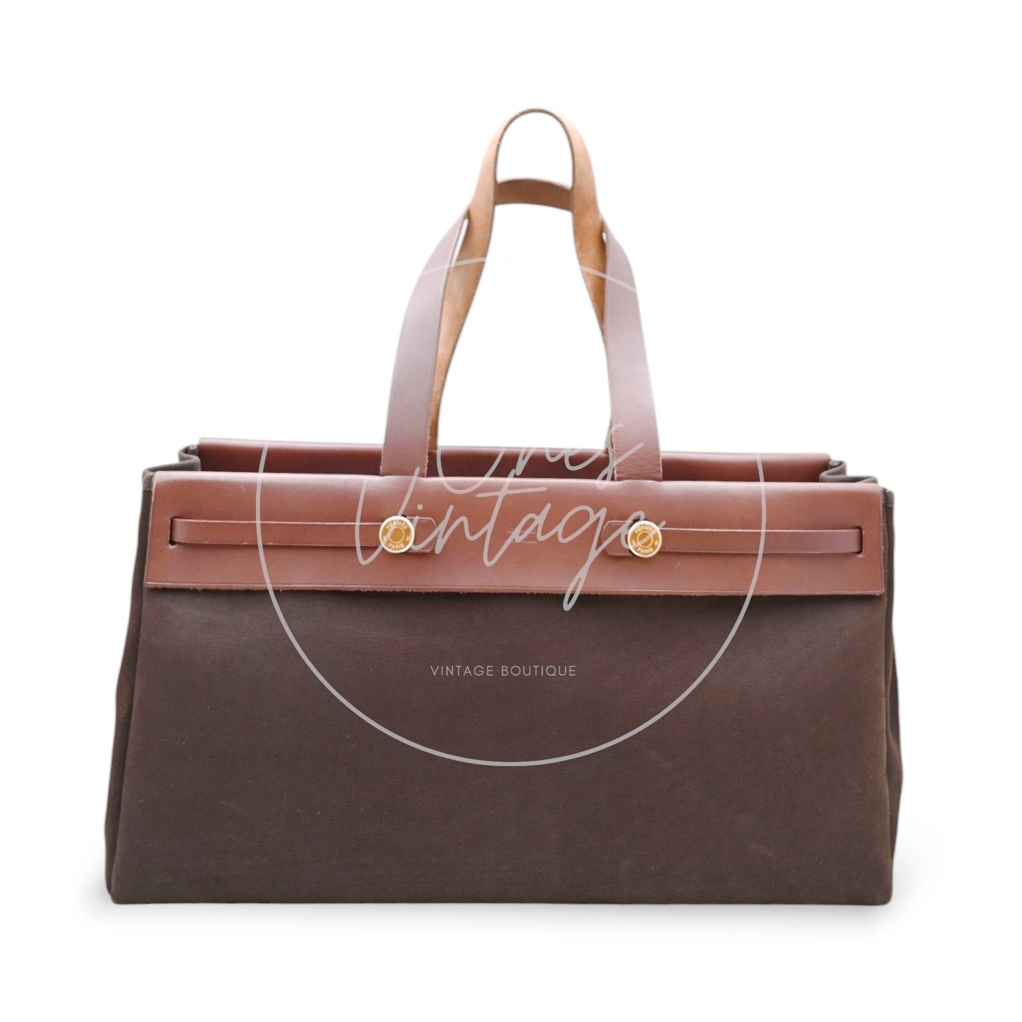 Hermes Herbag Cabas GM Swift Canvas GHW BROWN Square F