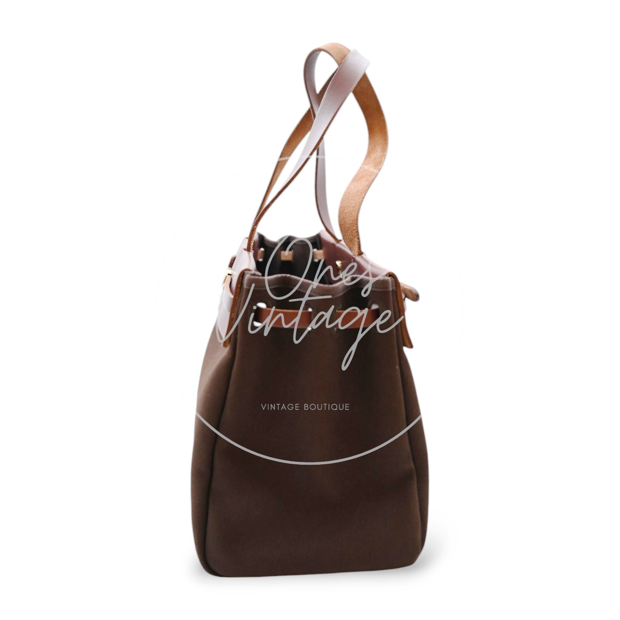 Hermes Herbag Cabas GM Swift Canvas GHW BROWN Square F