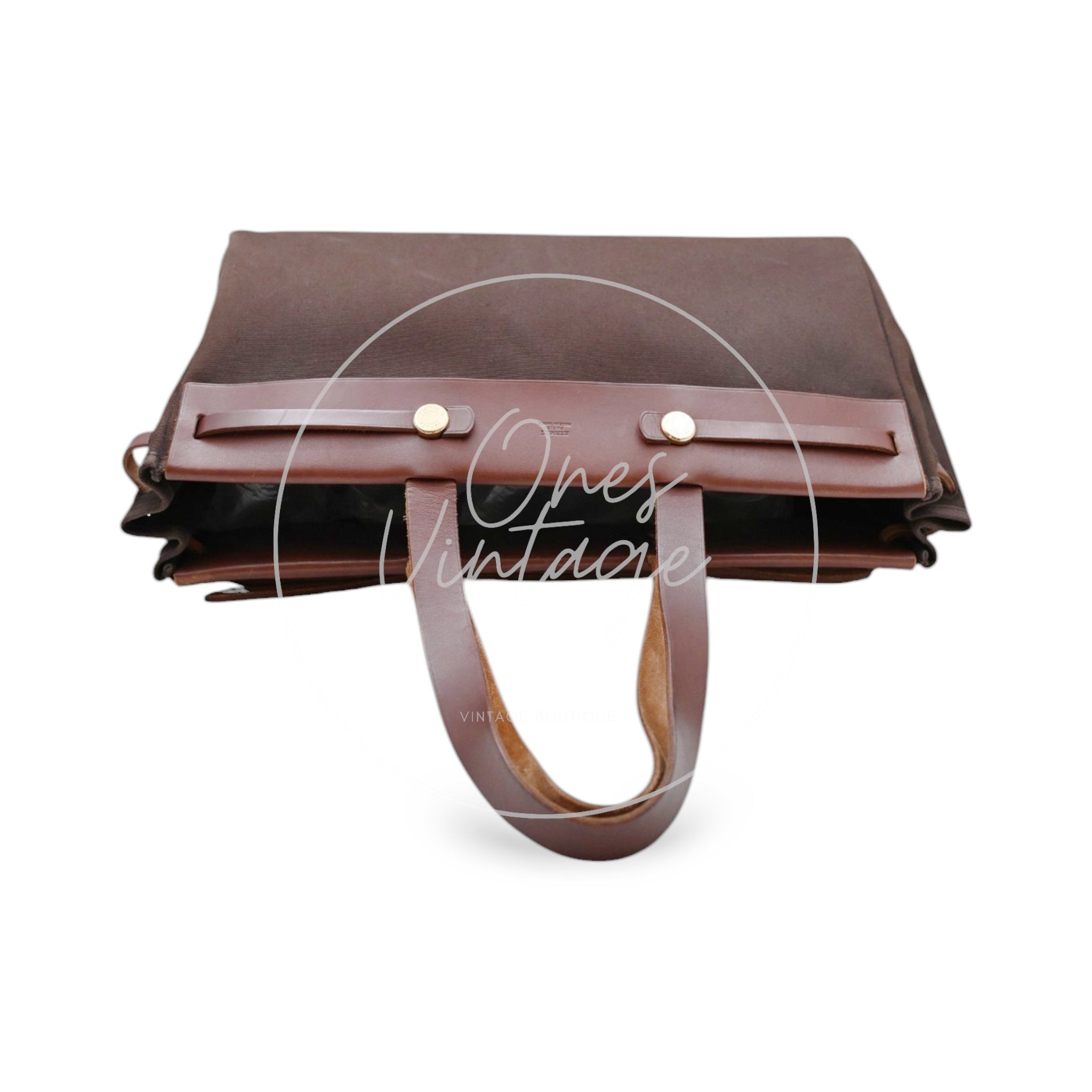Hermes Herbag Cabas GM Swift Canvas GHW BROWN Square F