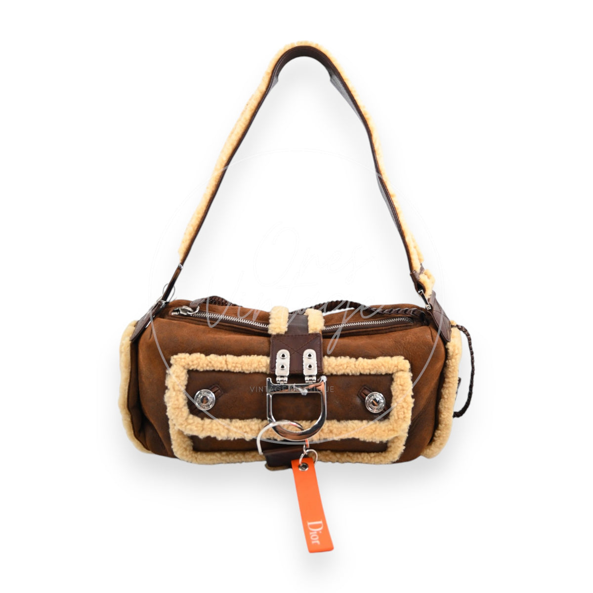 Christian Dior 2005 Suede Shearling Flight Bag Brown SHW