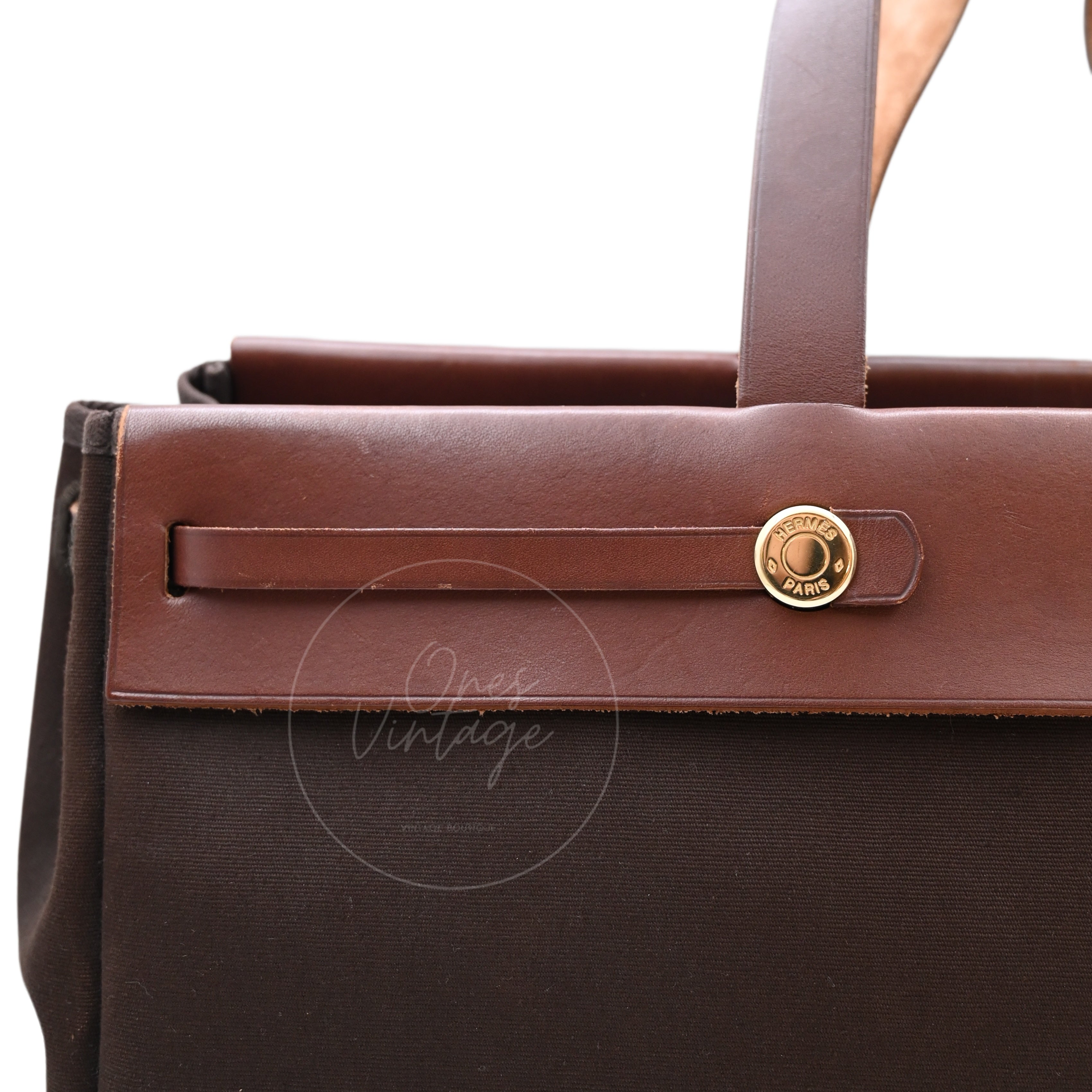 Hermes Herbag Cabas GM Swift Canvas GHW BROWN Square F