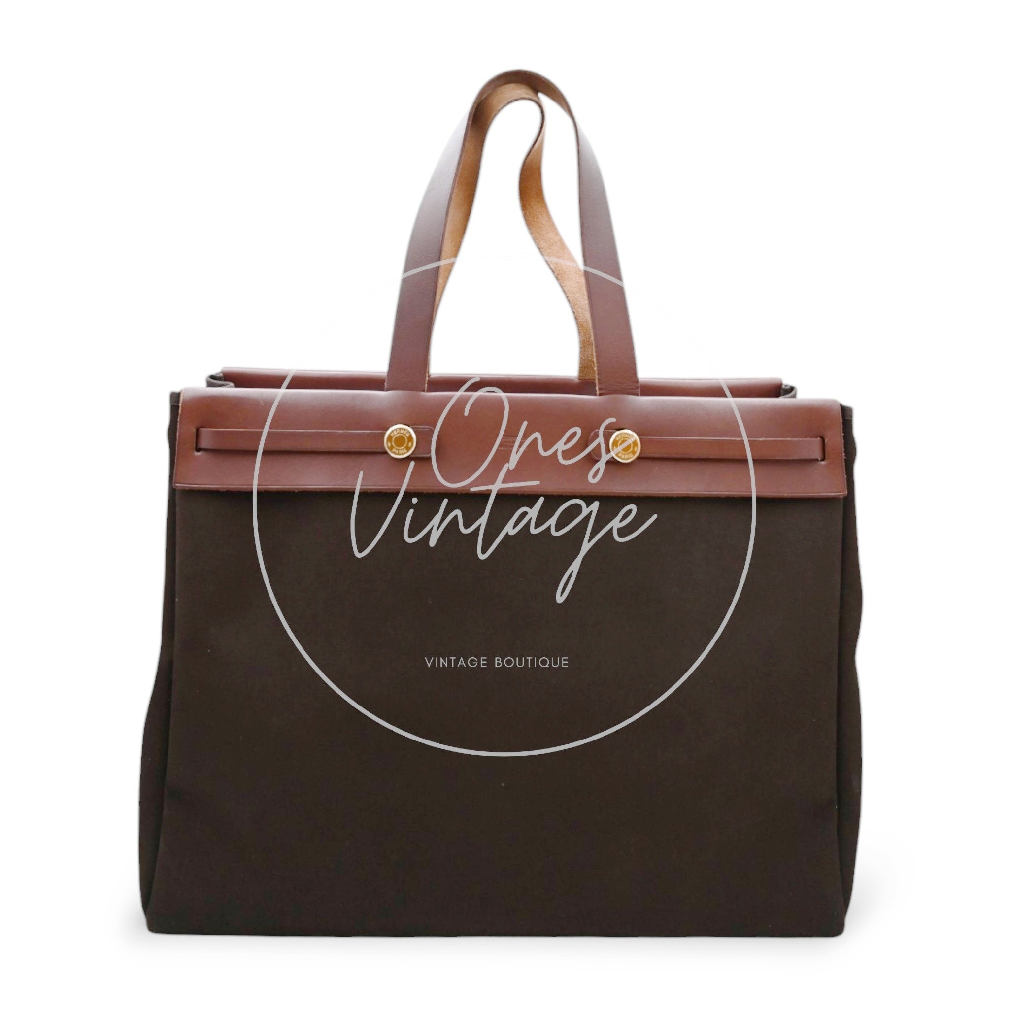 Hermes Herbag Cabas GM Swift Canvas GHW BROWN Square F
