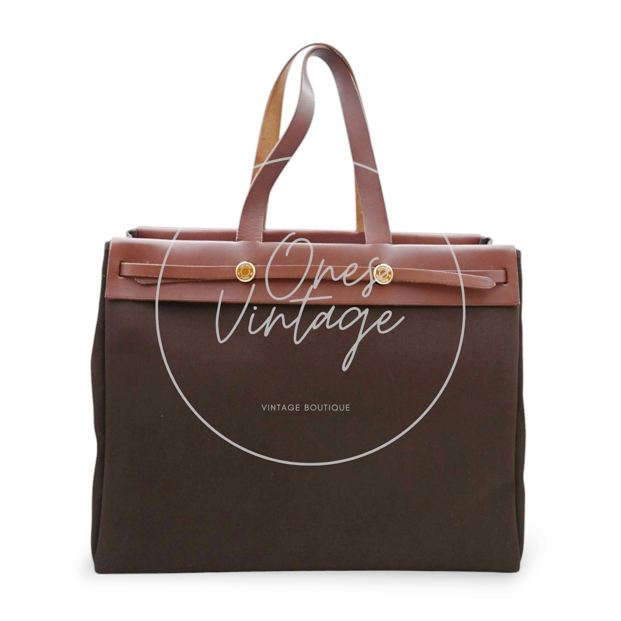 Hermes Herbag Cabas GM Swift Canvas GHW BROWN Square F