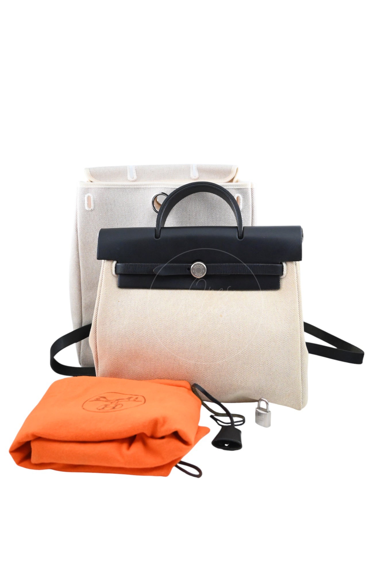 Hermes Herbag Backpack Swift Beige Canvas PHW Black Beige Square C