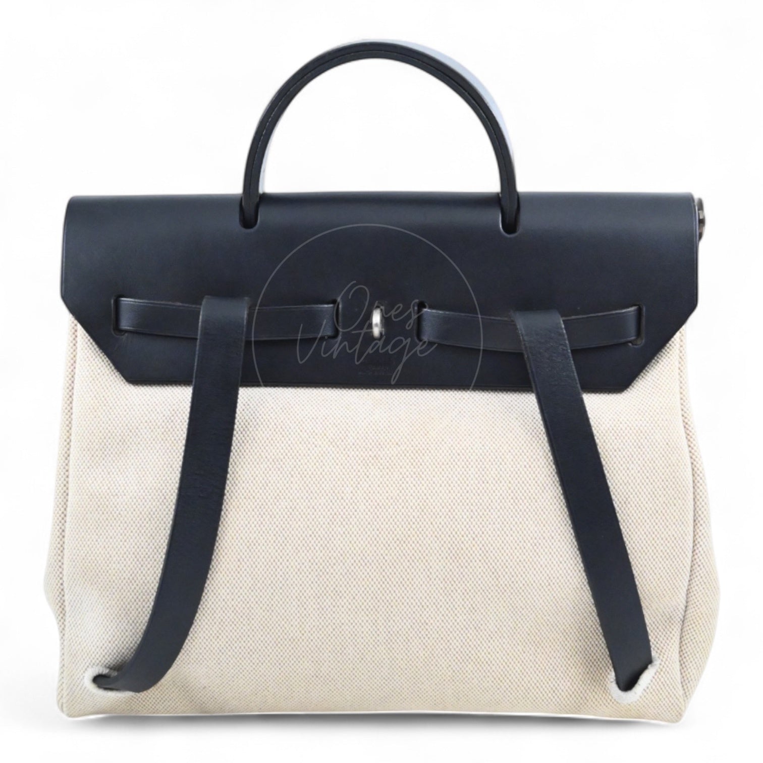 Hermes Herbag Backpack Swift Beige Canvas PHW Black Beige Square C