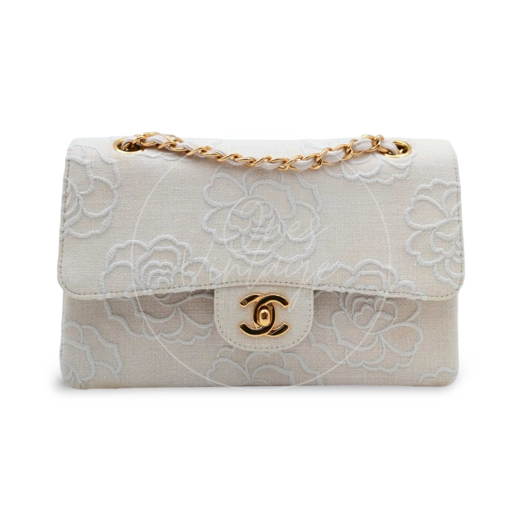Chanel Camellia Embroidered Small Classic Flap Bag GHW Ivory Beige Series 5