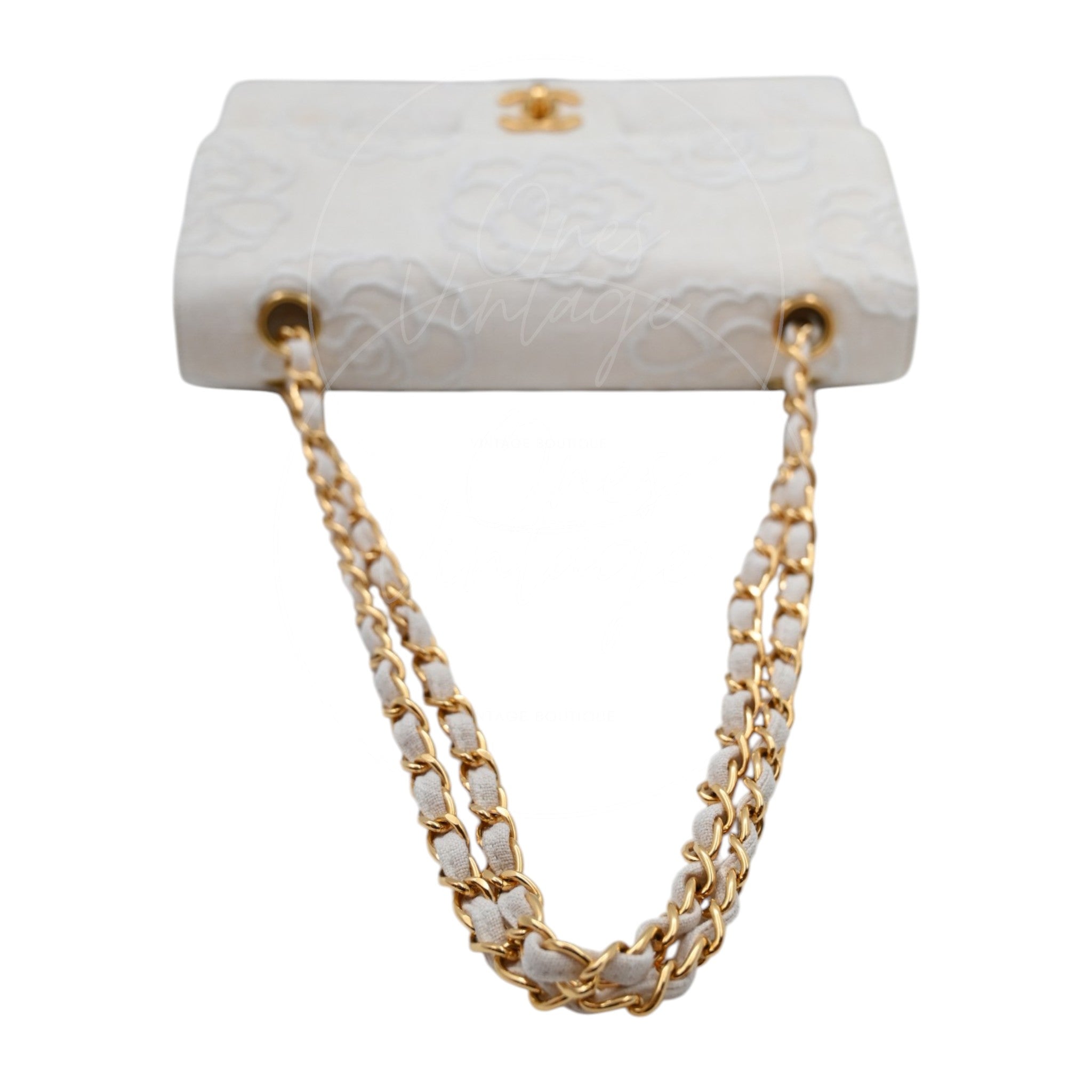 Chanel Camellia Embroidered Small Classic Flap Bag GHW Ivory Beige Series 5