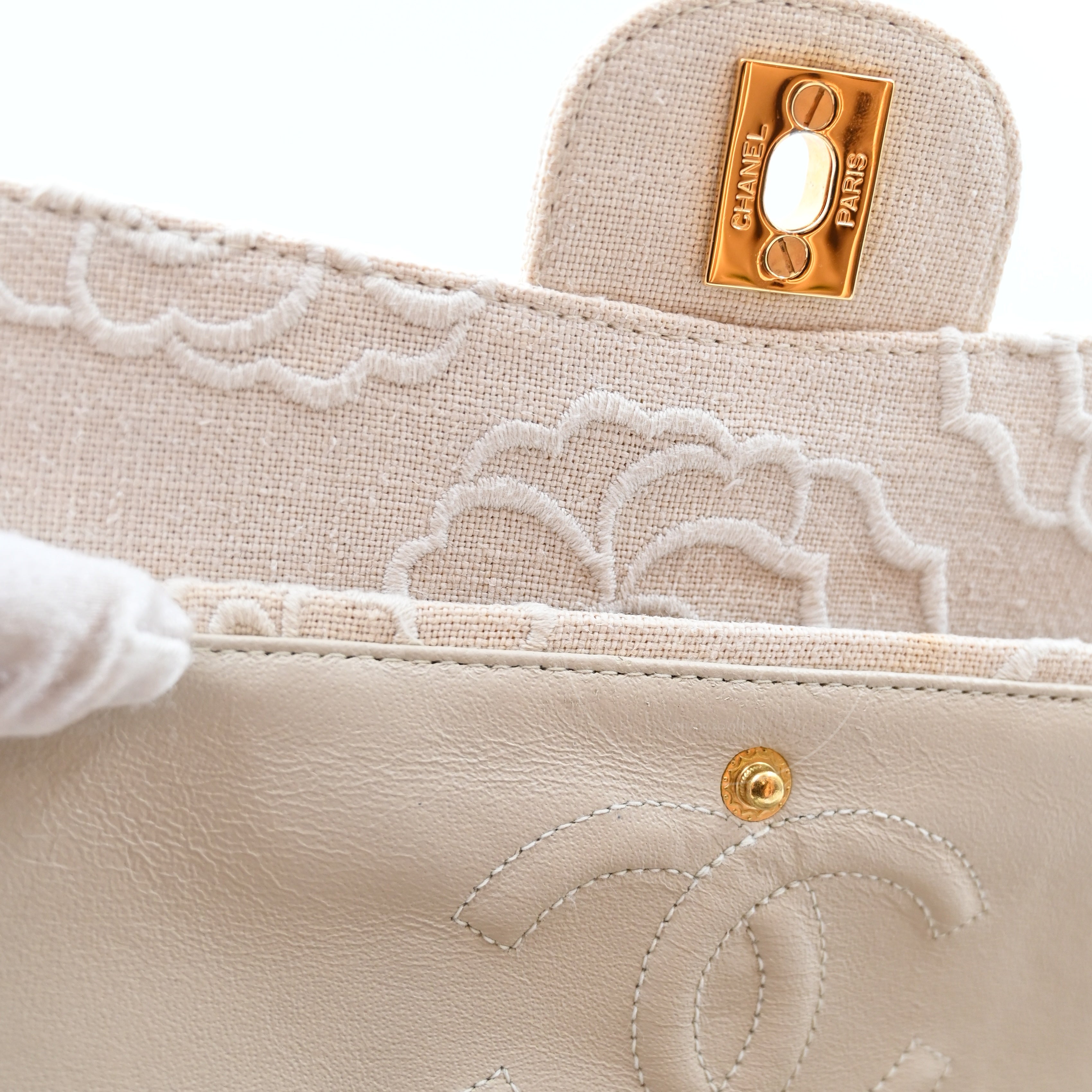 Chanel Camellia Embroidered Small Classic Flap Bag GHW Ivory Beige Series 5