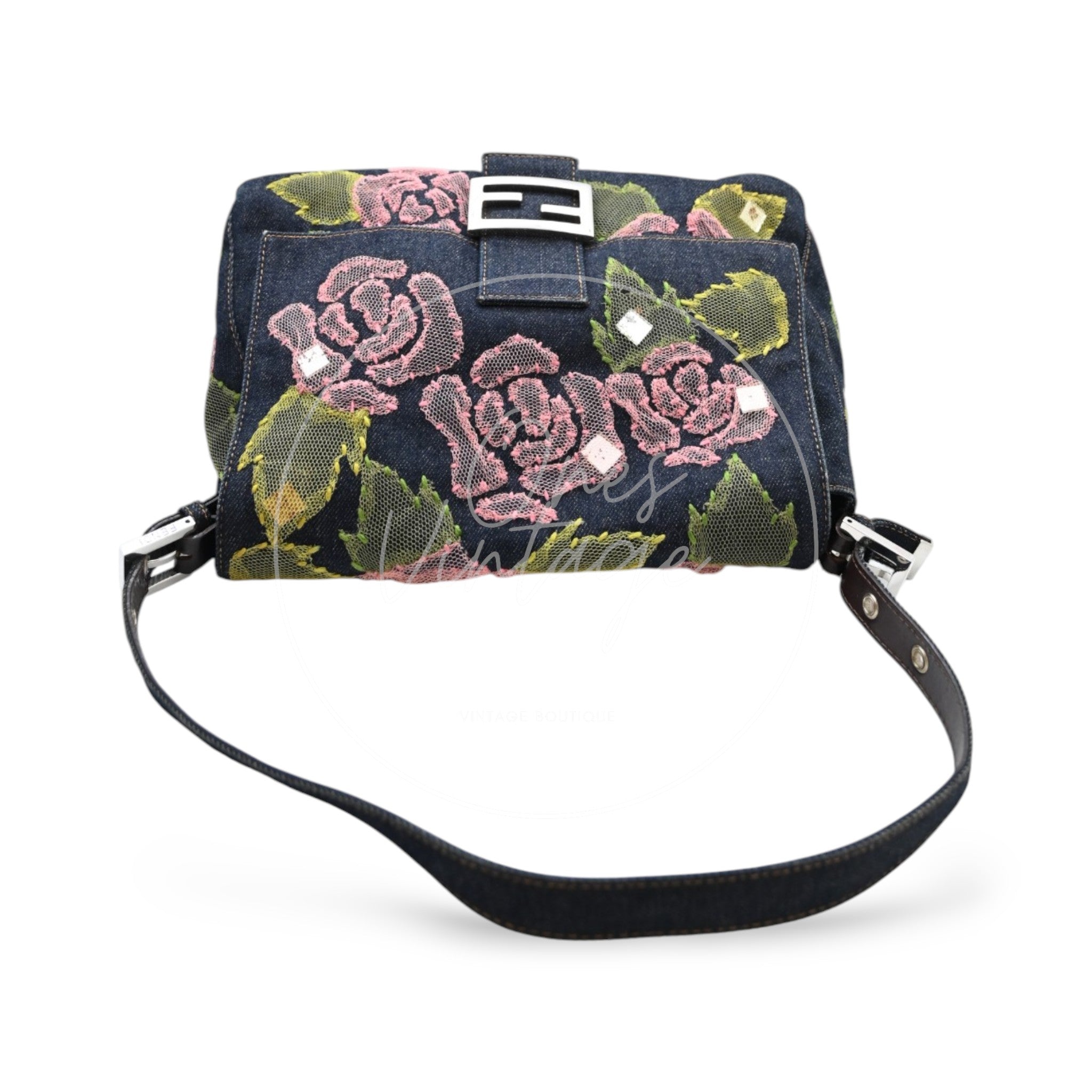 Fendi Denim Floral Baguette Handbag