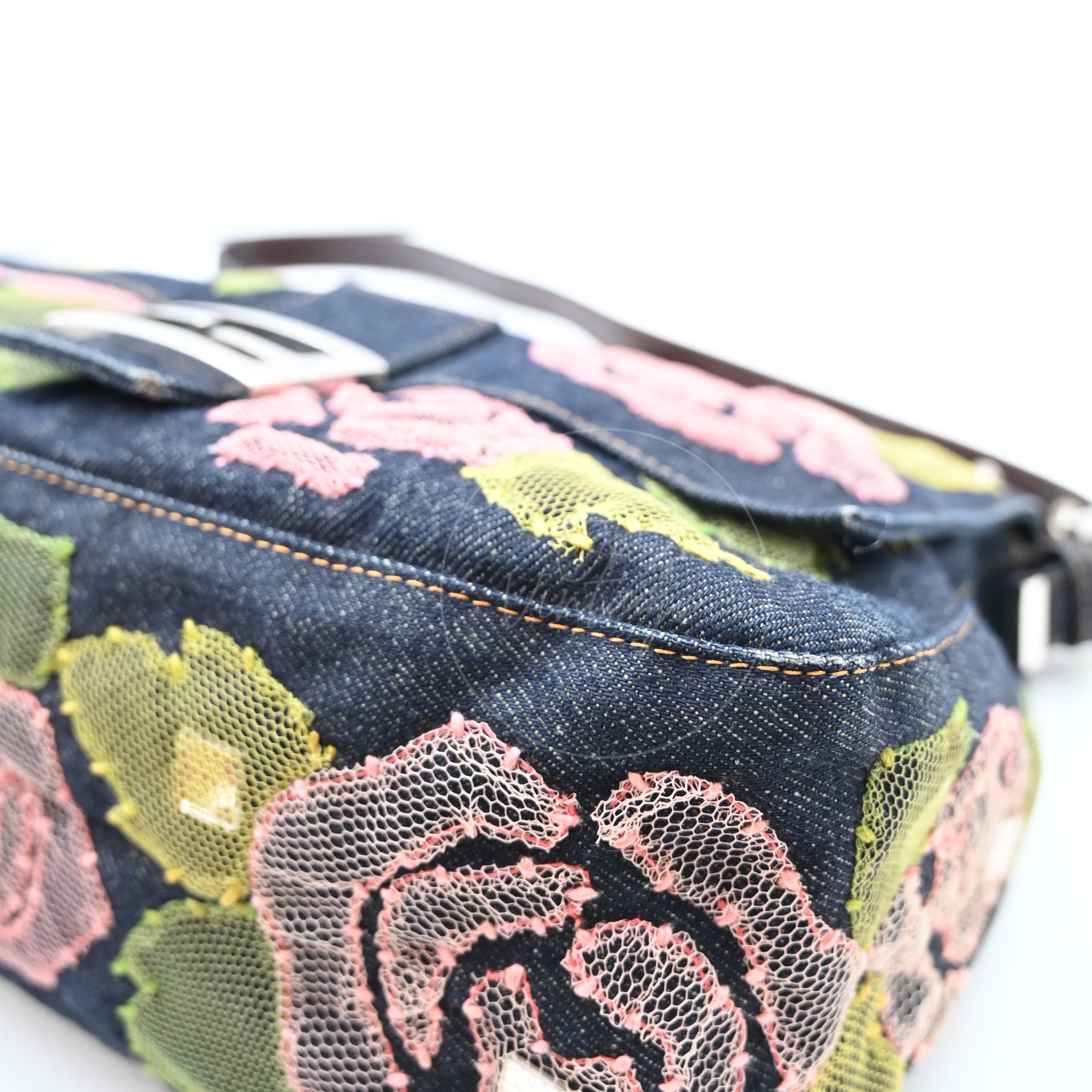 Fendi Denim Floral Baguette Handbag