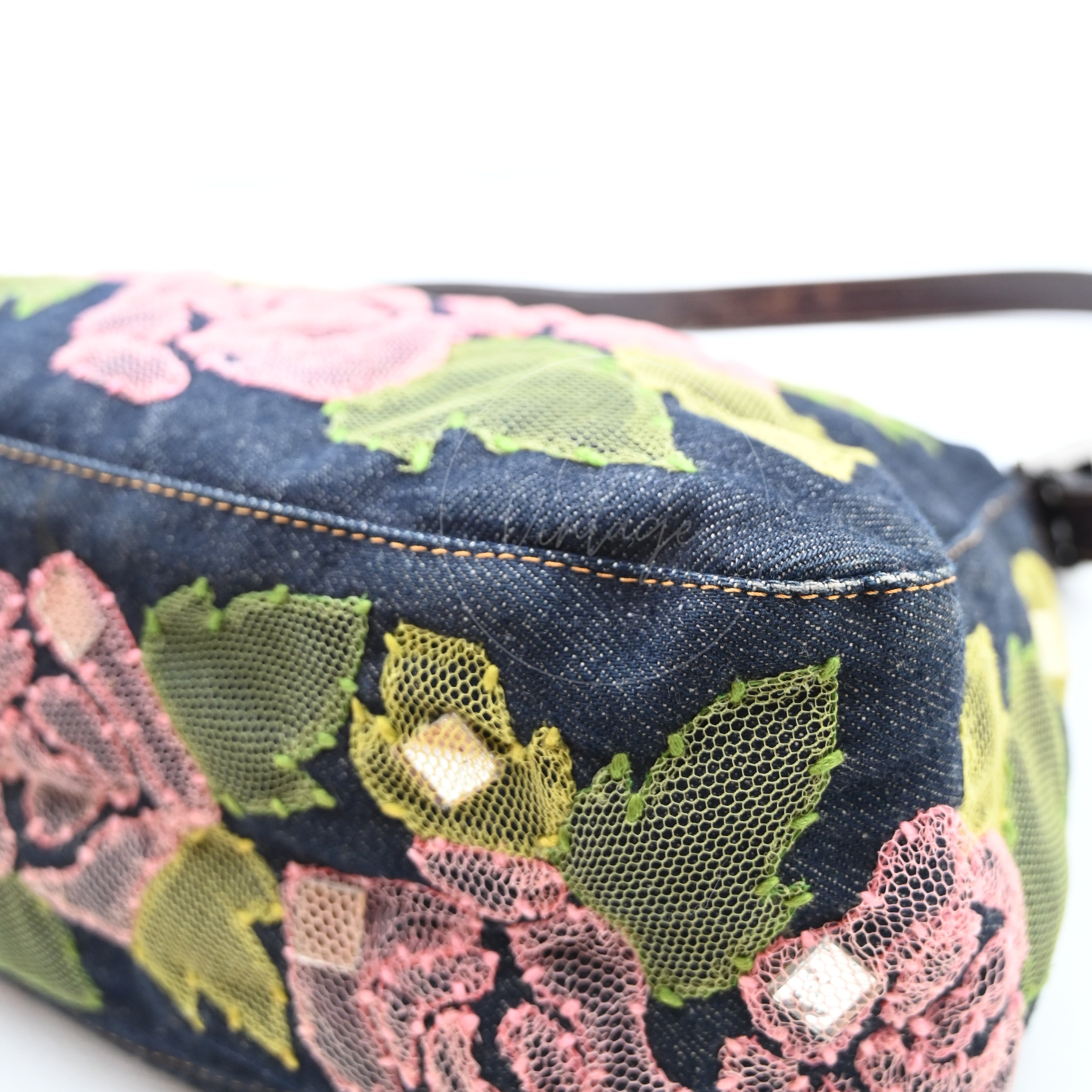 Fendi Denim Floral Baguette Handbag