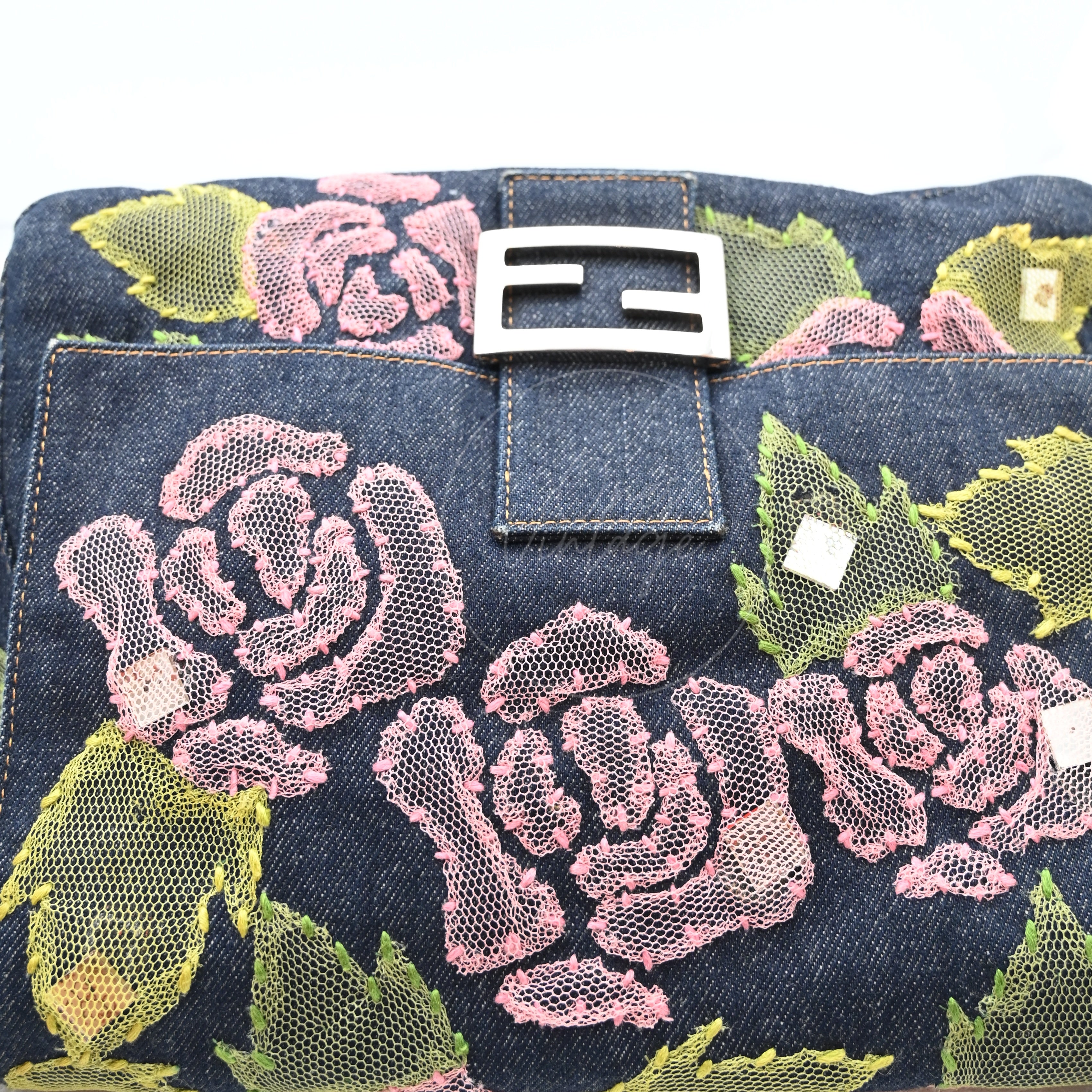 Fendi Denim Floral Baguette Handbag