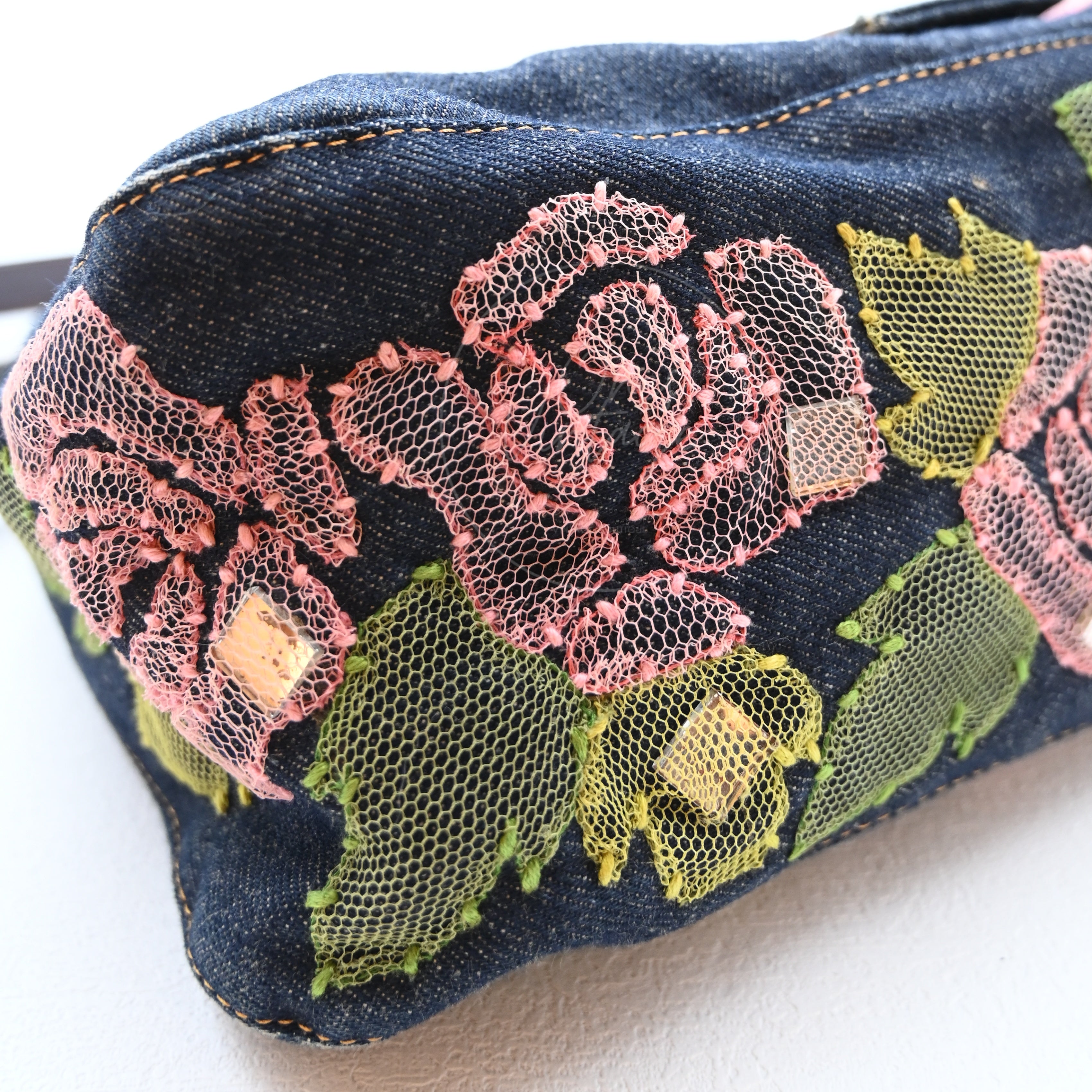 Fendi Denim Floral Baguette Handbag