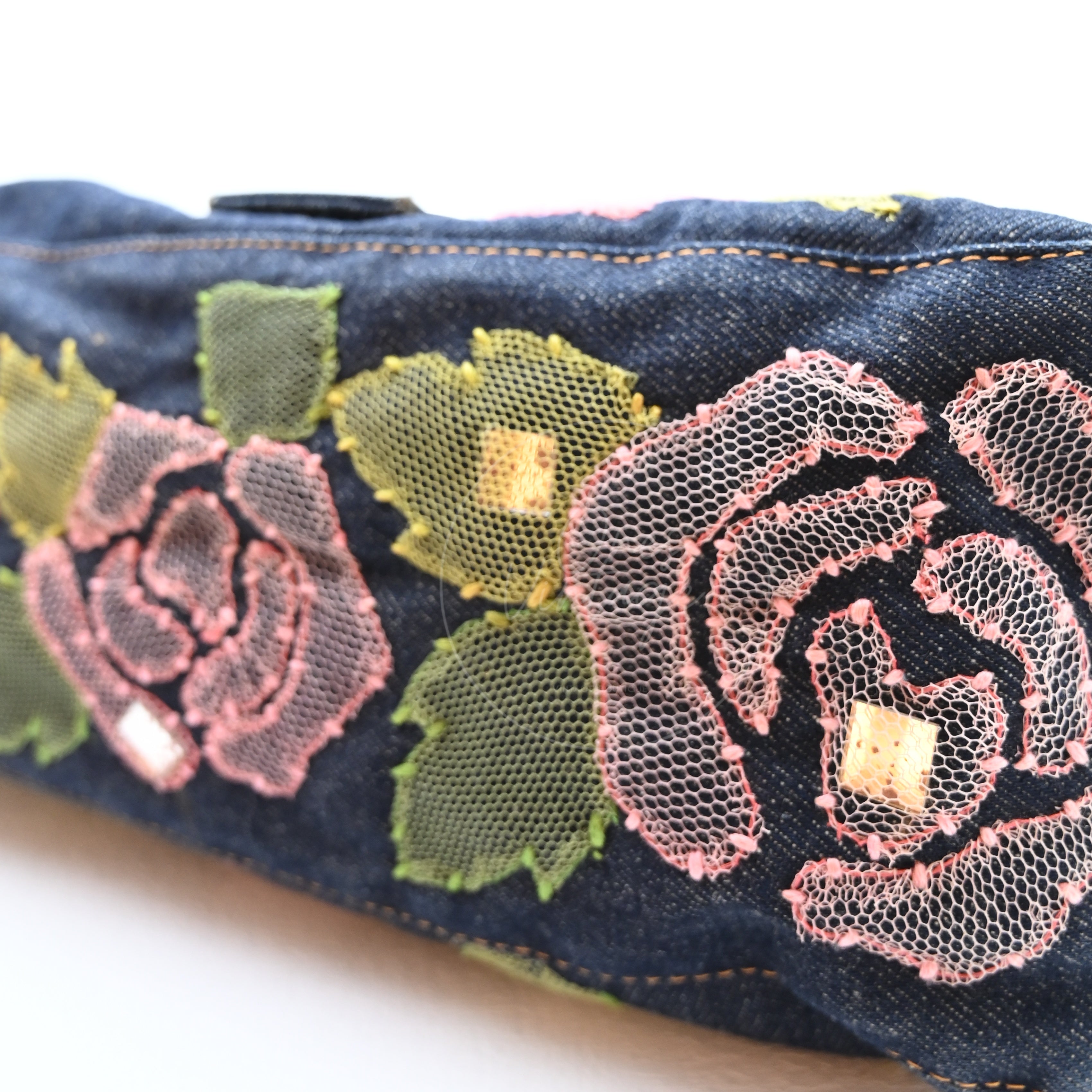 Fendi Denim Floral Baguette Handbag