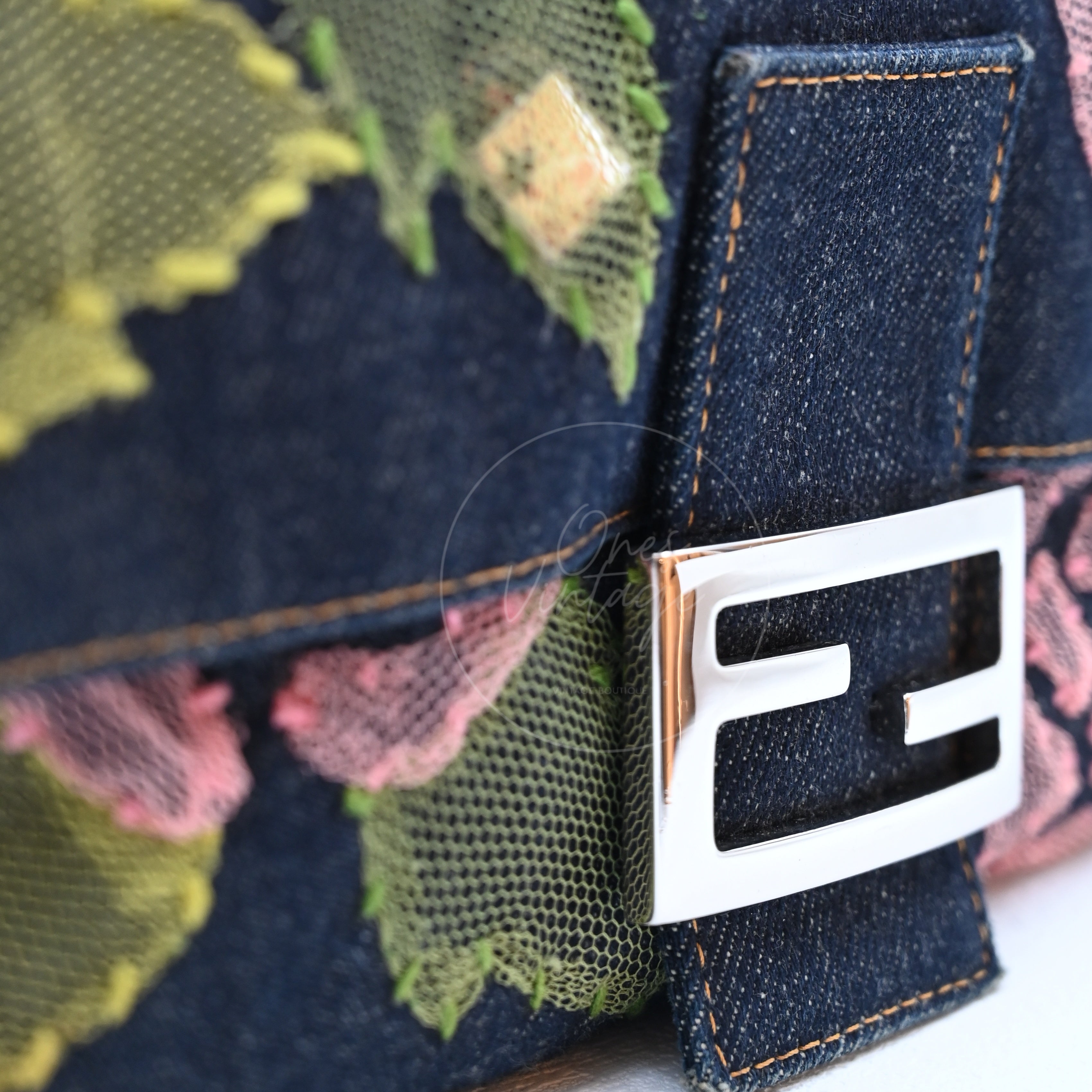 Fendi Denim Floral Baguette Handbag