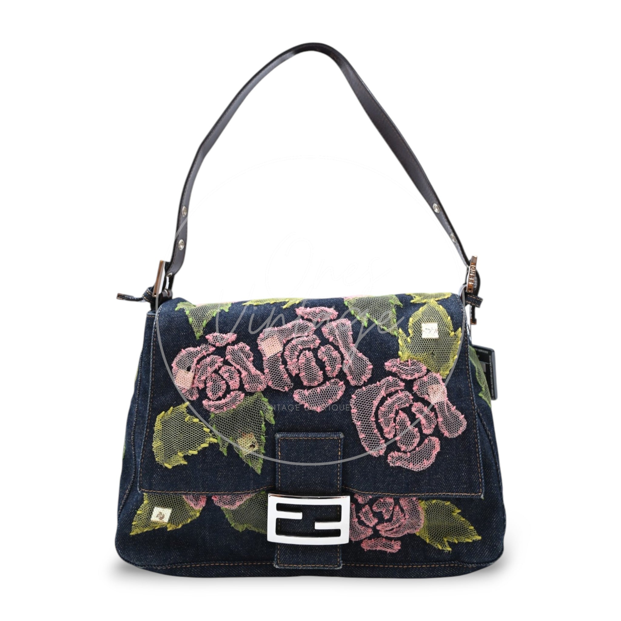Fendi Denim Floral Baguette Handbag