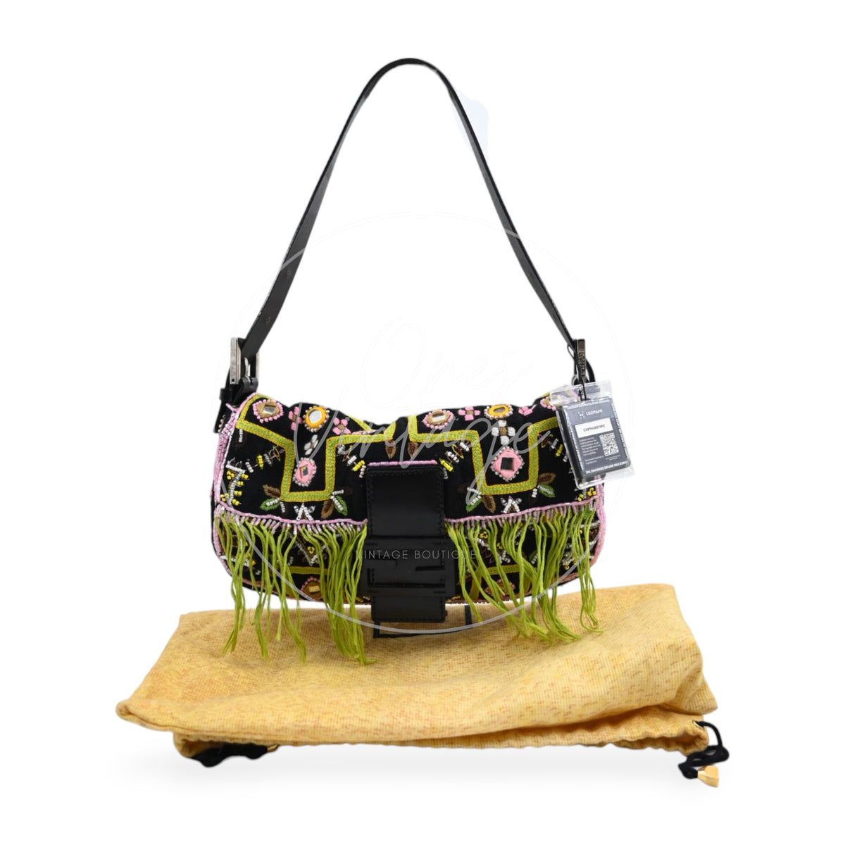 Fendi 2000s Multicolor Beadwork Fringe Cloth Embellished Baguette Shoulder Bag