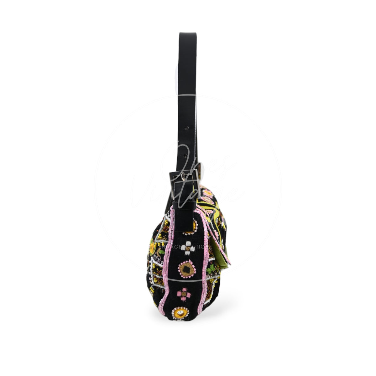 Fendi 2000s Multicolor Beadwork Fringe Cloth Embellished Baguette Shoulder Bag