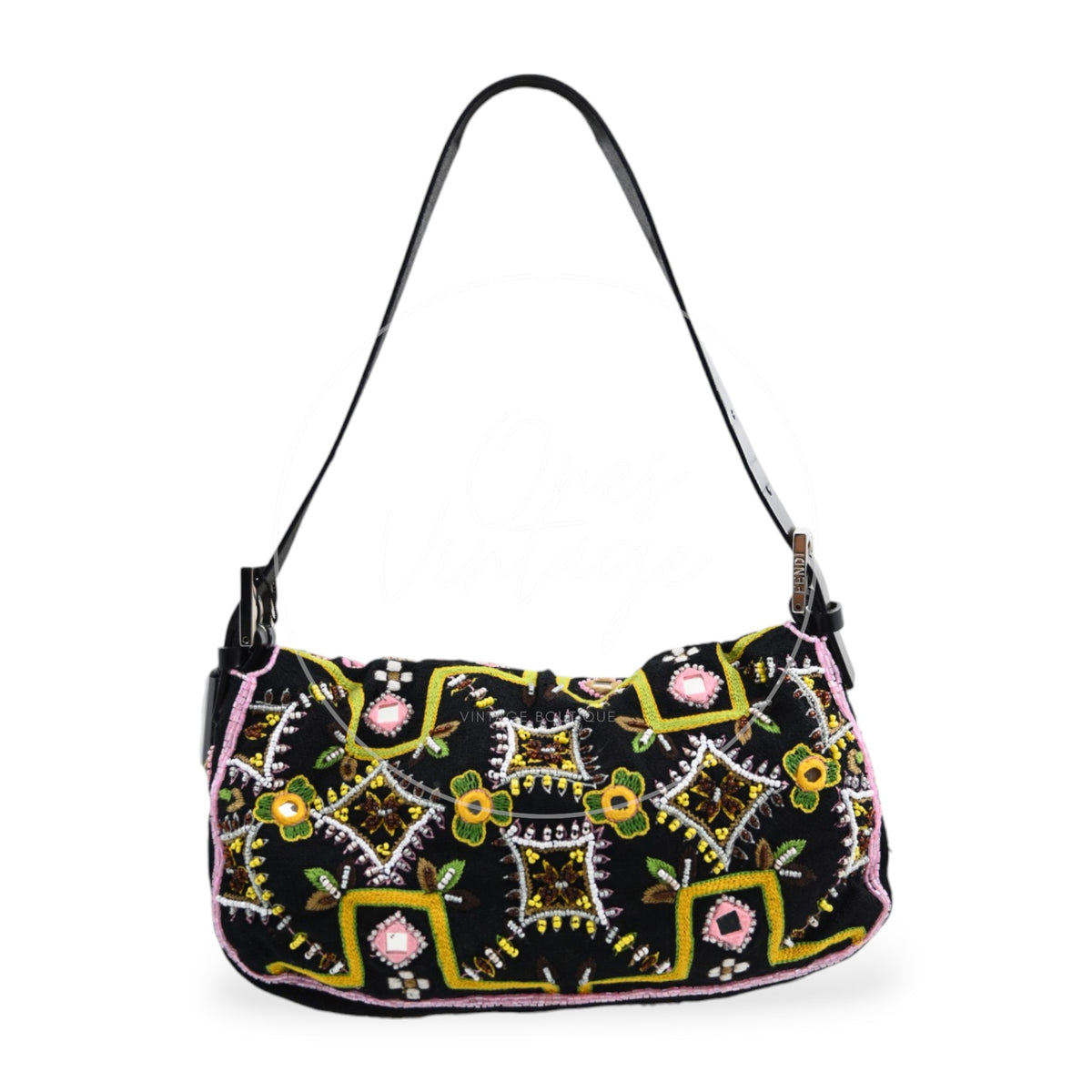 Fendi 2000s Multicolor Beadwork Fringe Cloth Embellished Baguette Shoulder Bag