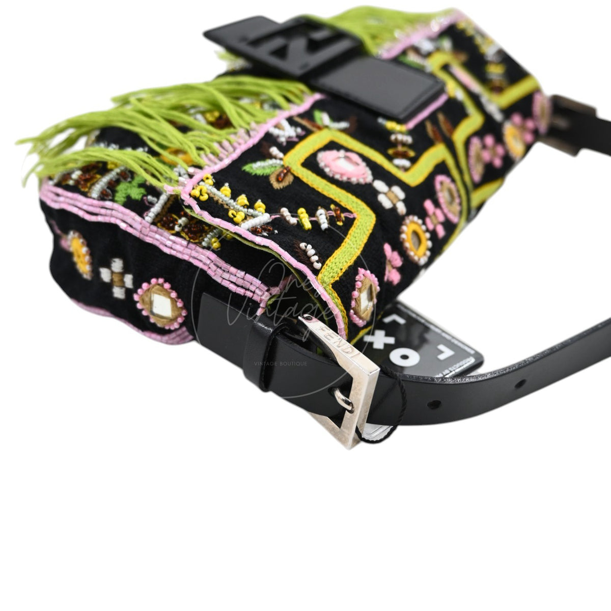 Fendi 2000s Multicolor Beadwork Fringe Cloth Embellished Baguette Shoulder Bag