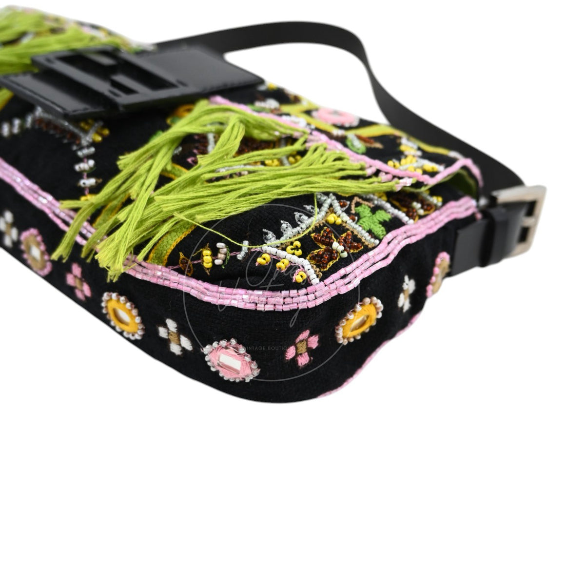 Fendi 2000s Multicolor Beadwork Fringe Cloth Embellished Baguette Shoulder Bag