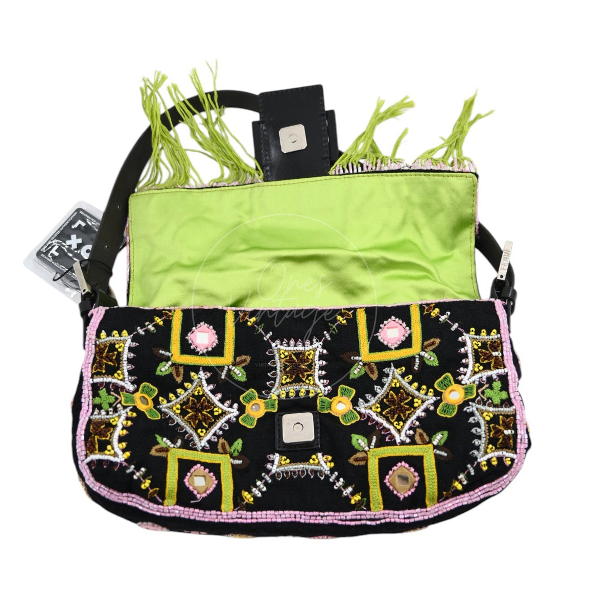 Fendi 2000s Multicolor Beadwork Fringe Cloth Embellished Baguette Shoulder Bag