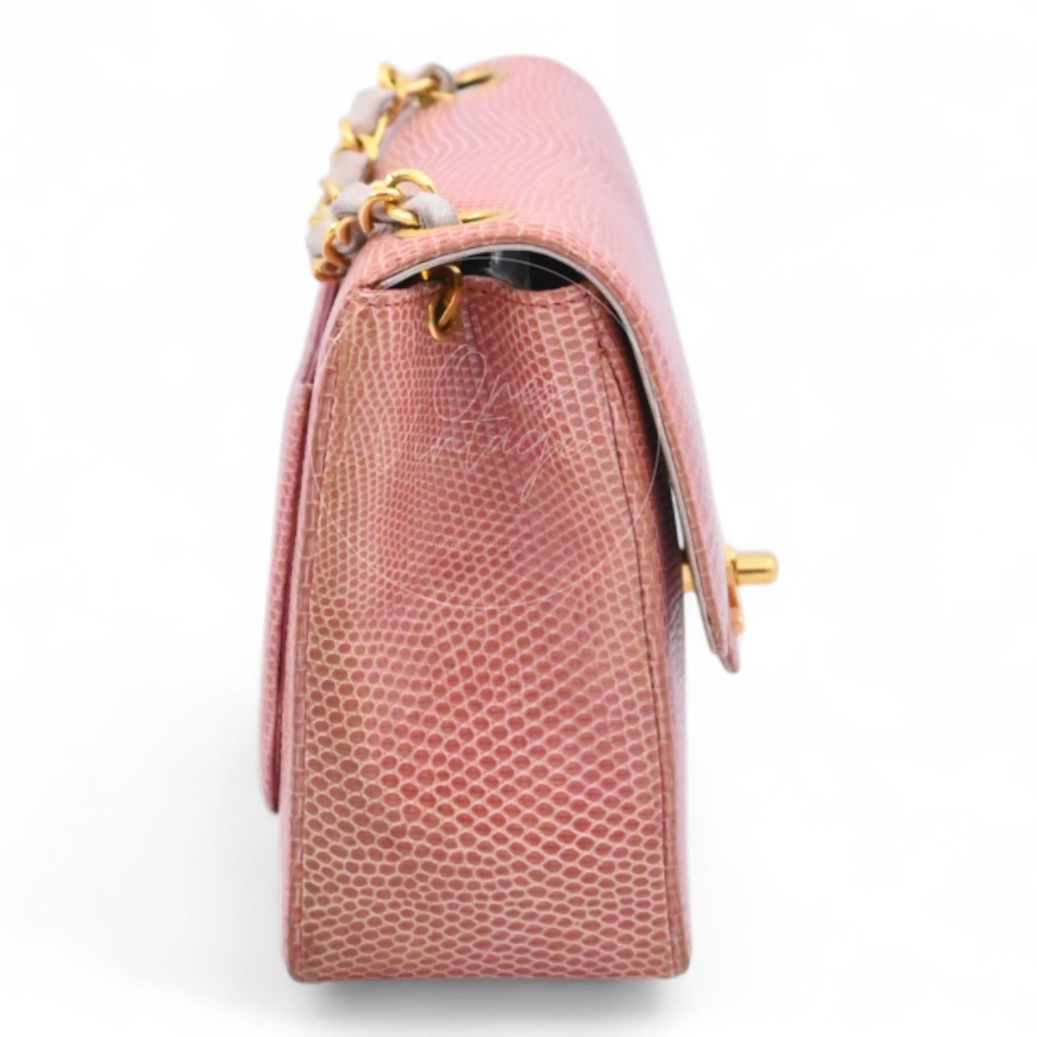 Chanel Mini Square Single Chain Single Flap Lizard Bag GHW Pink Series 1